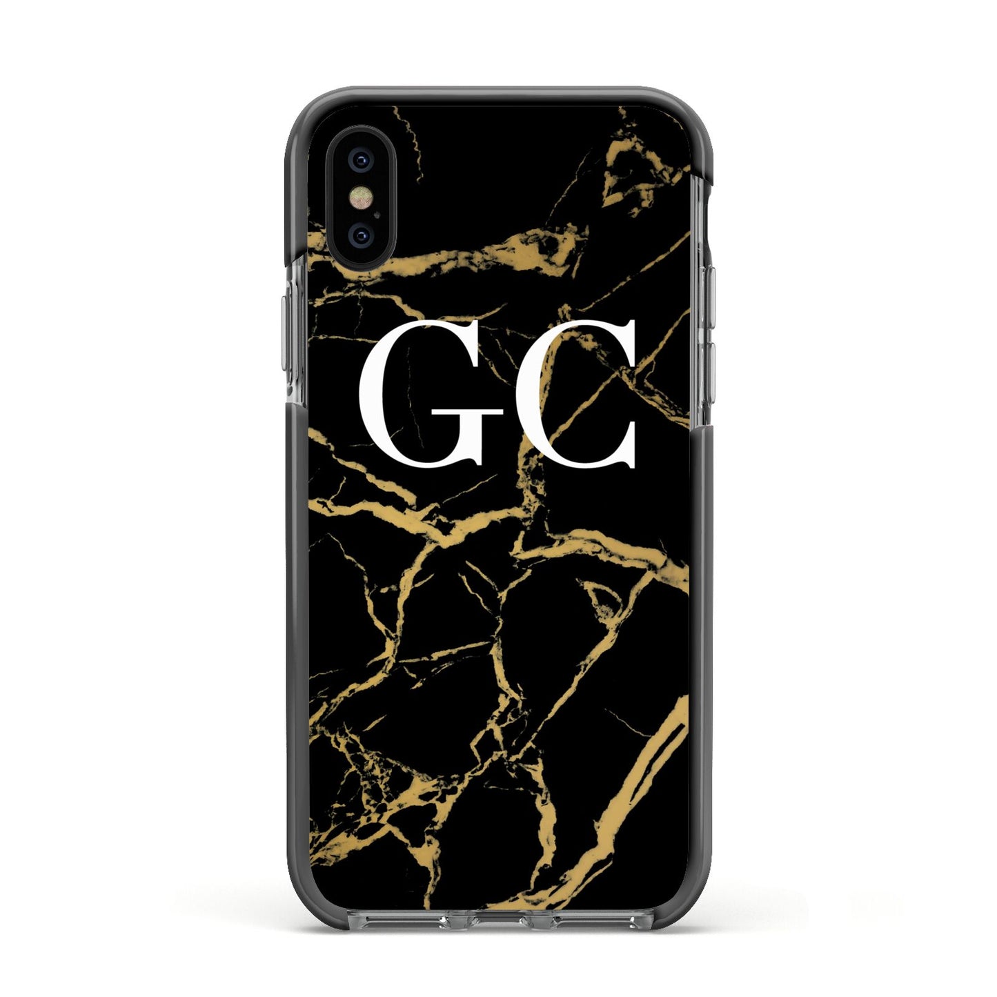 Personalised Gold Black Marble Monogram Apple iPhone Xs Impact Case Black Edge on Black Phone