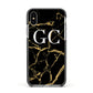Personalised Gold Black Marble Monogram Apple iPhone Xs Impact Case Black Edge on Silver Phone