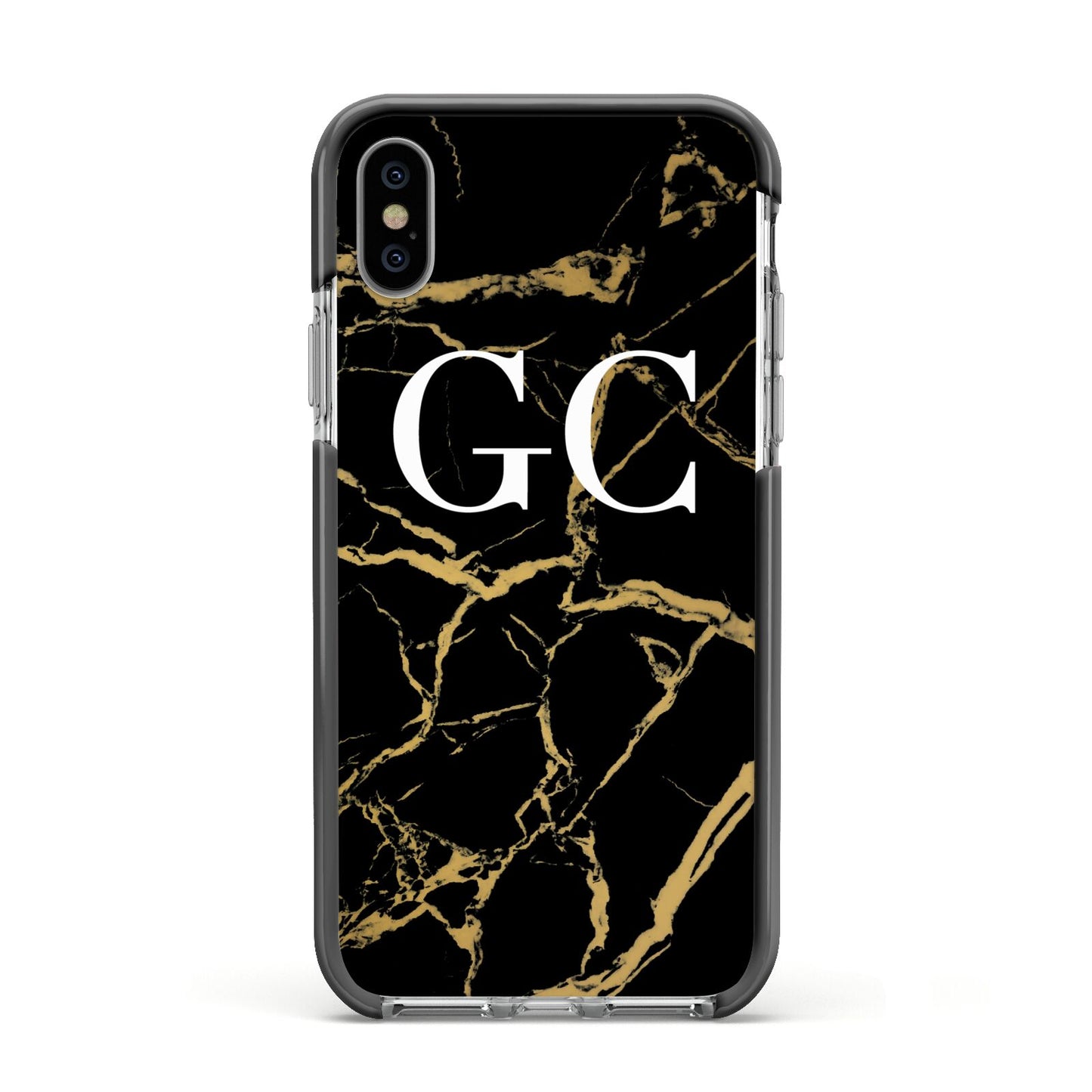 Personalised Gold Black Marble Monogram Apple iPhone Xs Impact Case Black Edge on Silver Phone