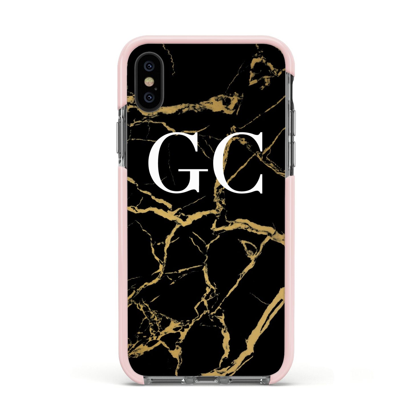 Personalised Gold Black Marble Monogram Apple iPhone Xs Impact Case Pink Edge on Black Phone