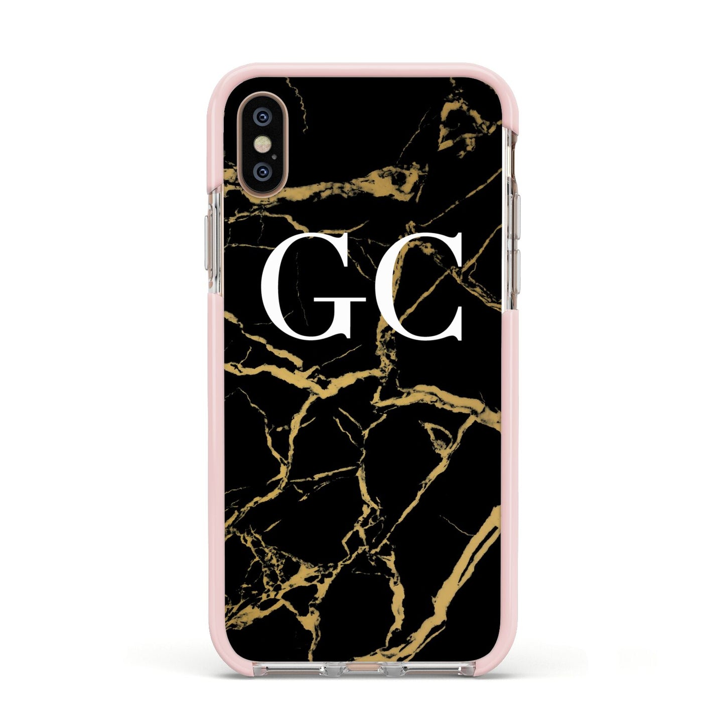 Personalised Gold Black Marble Monogram Apple iPhone Xs Impact Case Pink Edge on Gold Phone