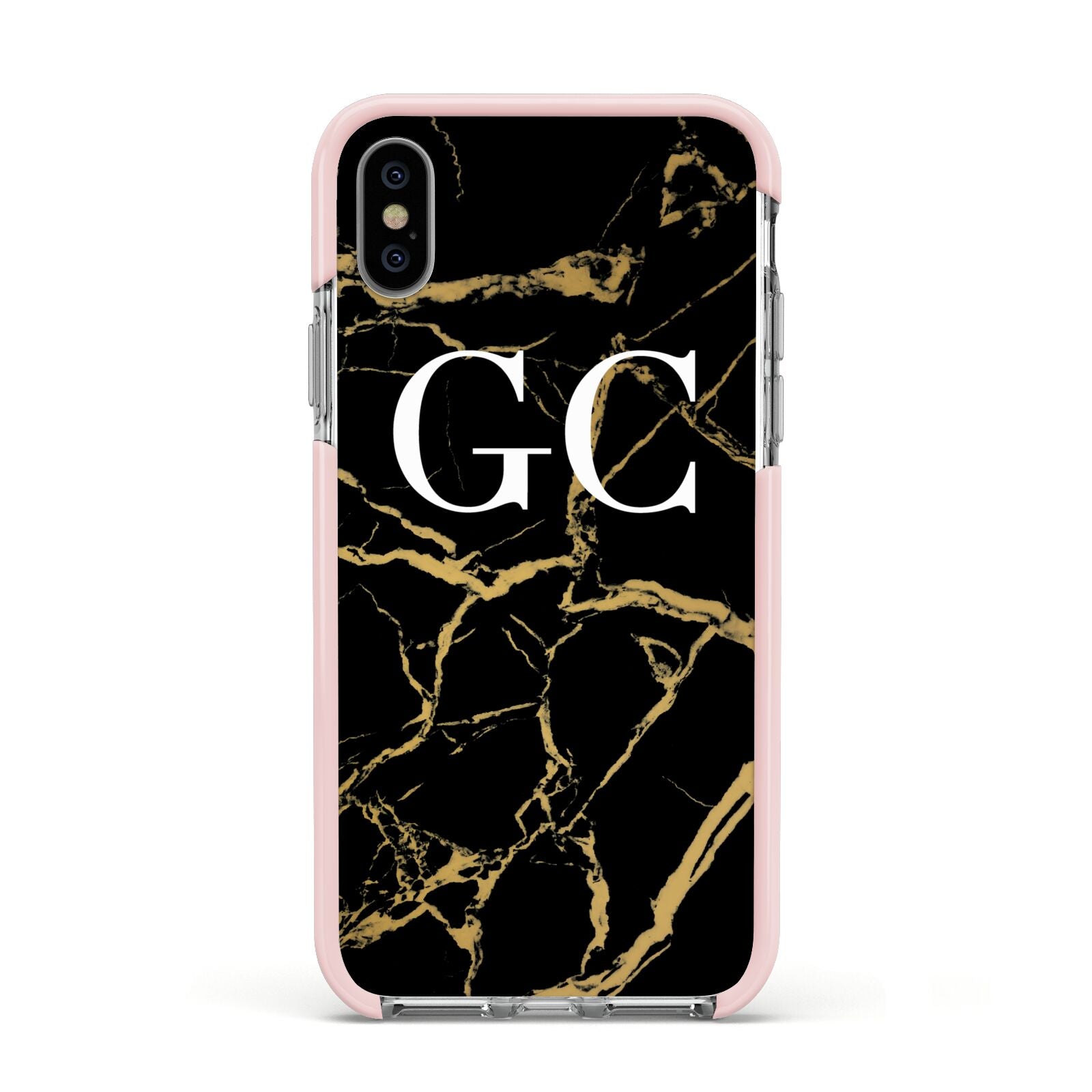 Personalised Gold Black Marble Monogram Apple iPhone Xs Impact Case Pink Edge on Silver Phone