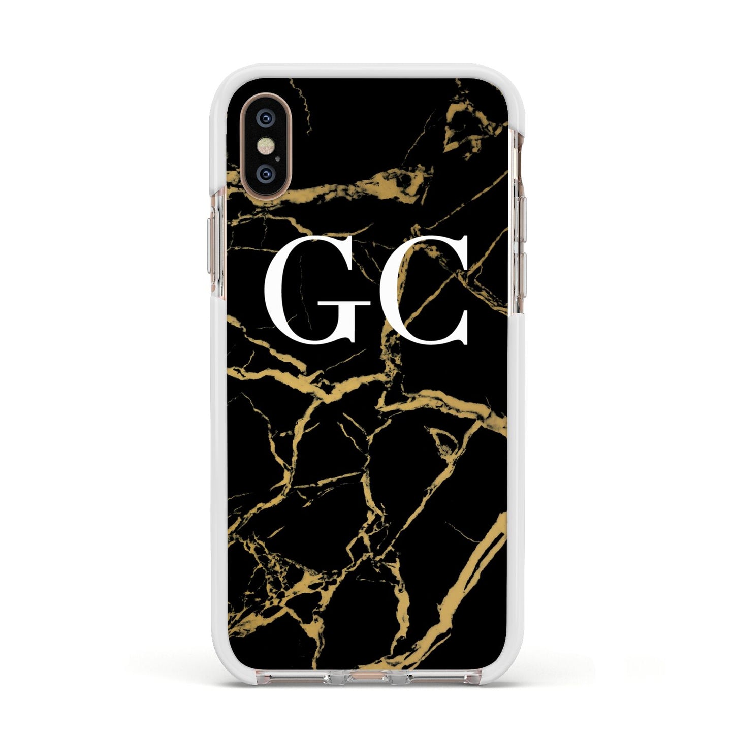 Personalised Gold Black Marble Monogram Apple iPhone Xs Impact Case White Edge on Gold Phone