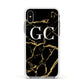 Personalised Gold Black Marble Monogram Apple iPhone Xs Impact Case White Edge on Silver Phone