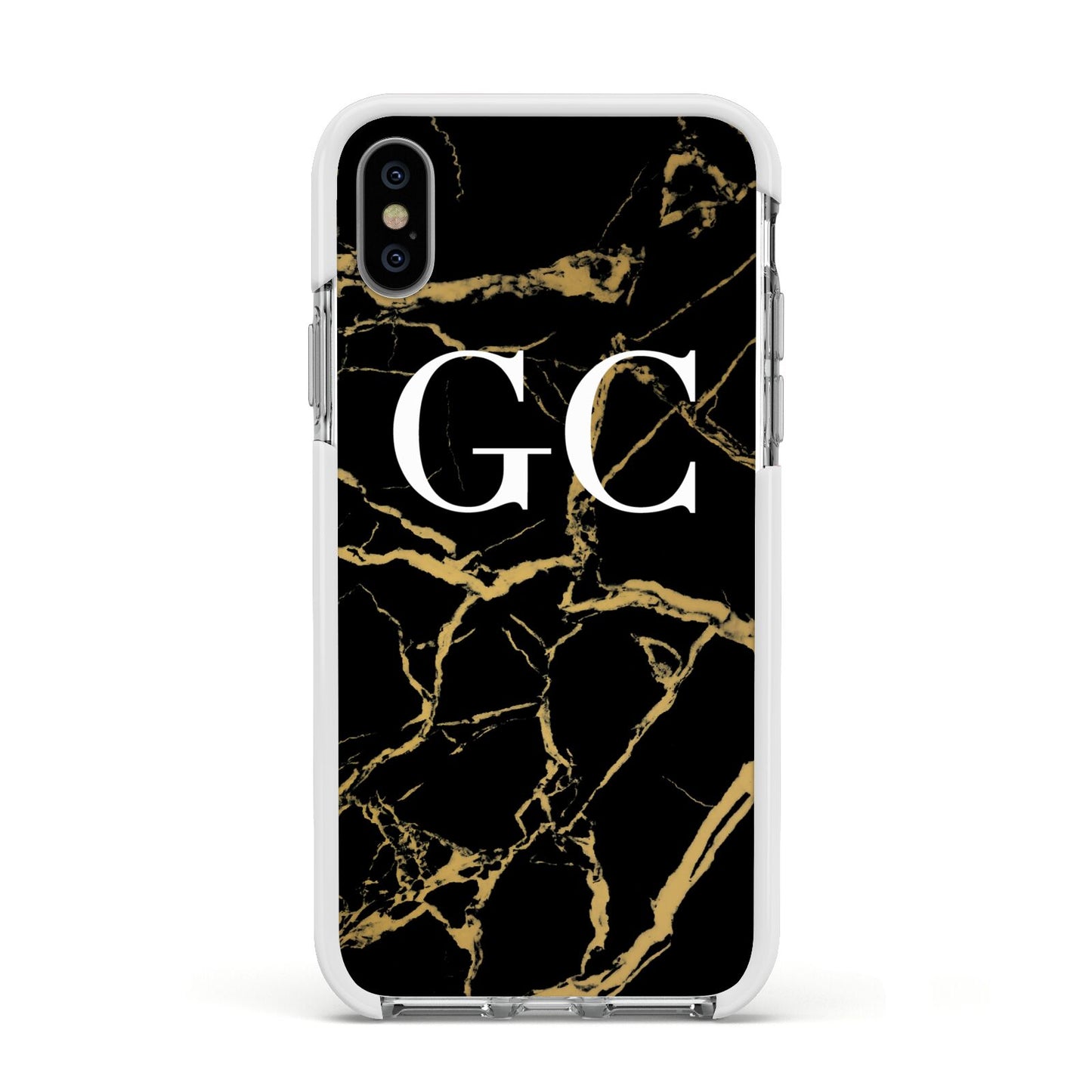 Personalised Gold Black Marble Monogram Apple iPhone Xs Impact Case White Edge on Silver Phone