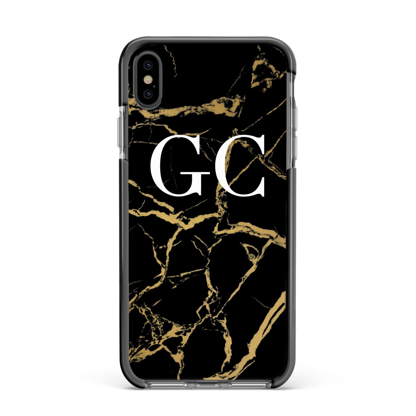 Personalised Gold Black Marble Monogram Apple iPhone Xs Max Impact Case Black Edge on Black Phone