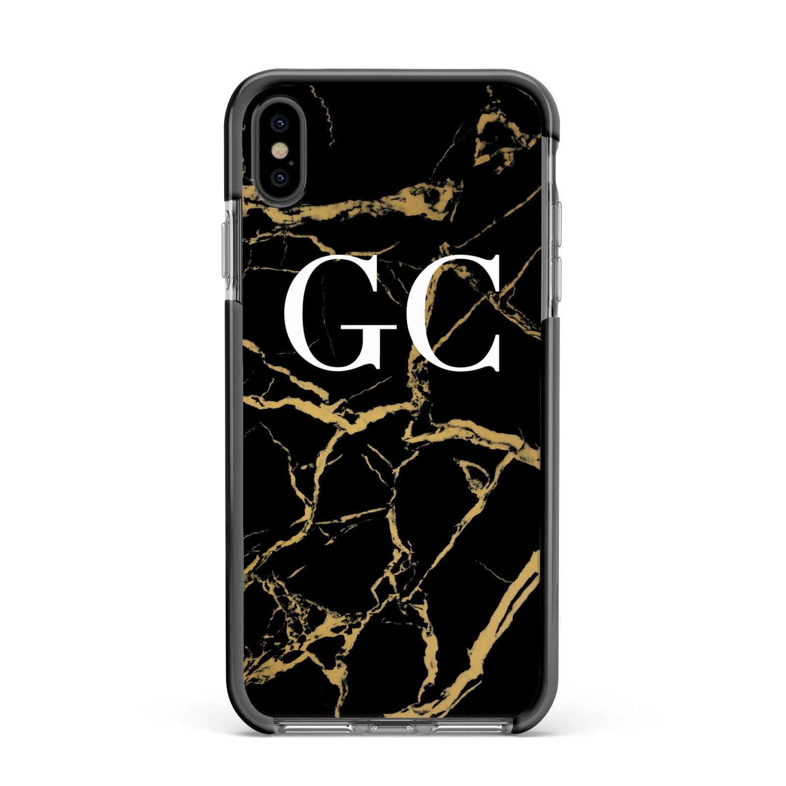 Personalised Gold Black Marble Monogram Apple iPhone Xs Max Impact Case Black Edge on Black Phone