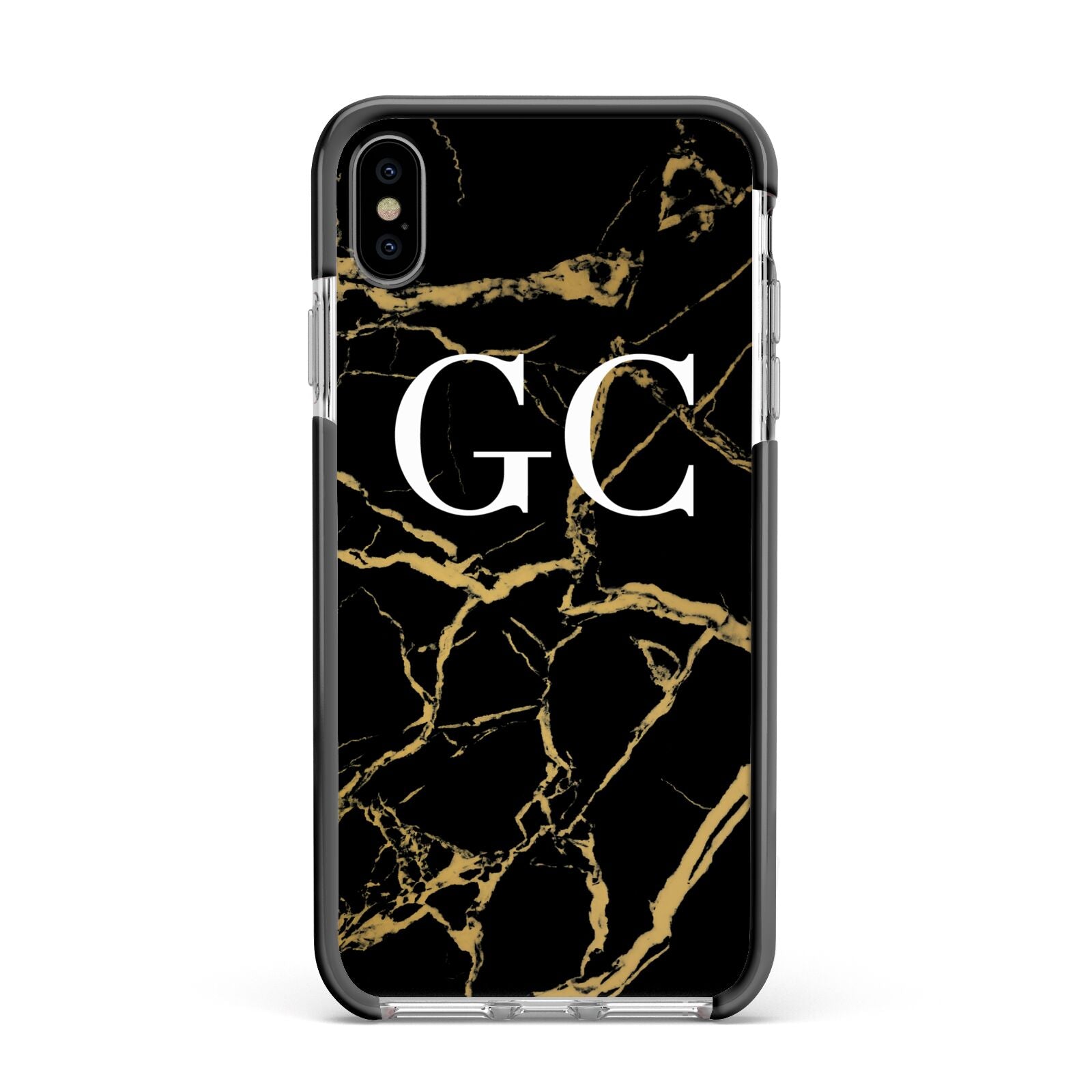 Personalised Gold Black Marble Monogram Apple iPhone Xs Max Impact Case Black Edge on Silver Phone