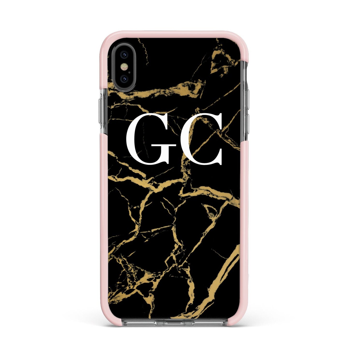 Personalised Gold Black Marble Monogram Apple iPhone Xs Max Impact Case Pink Edge on Black Phone