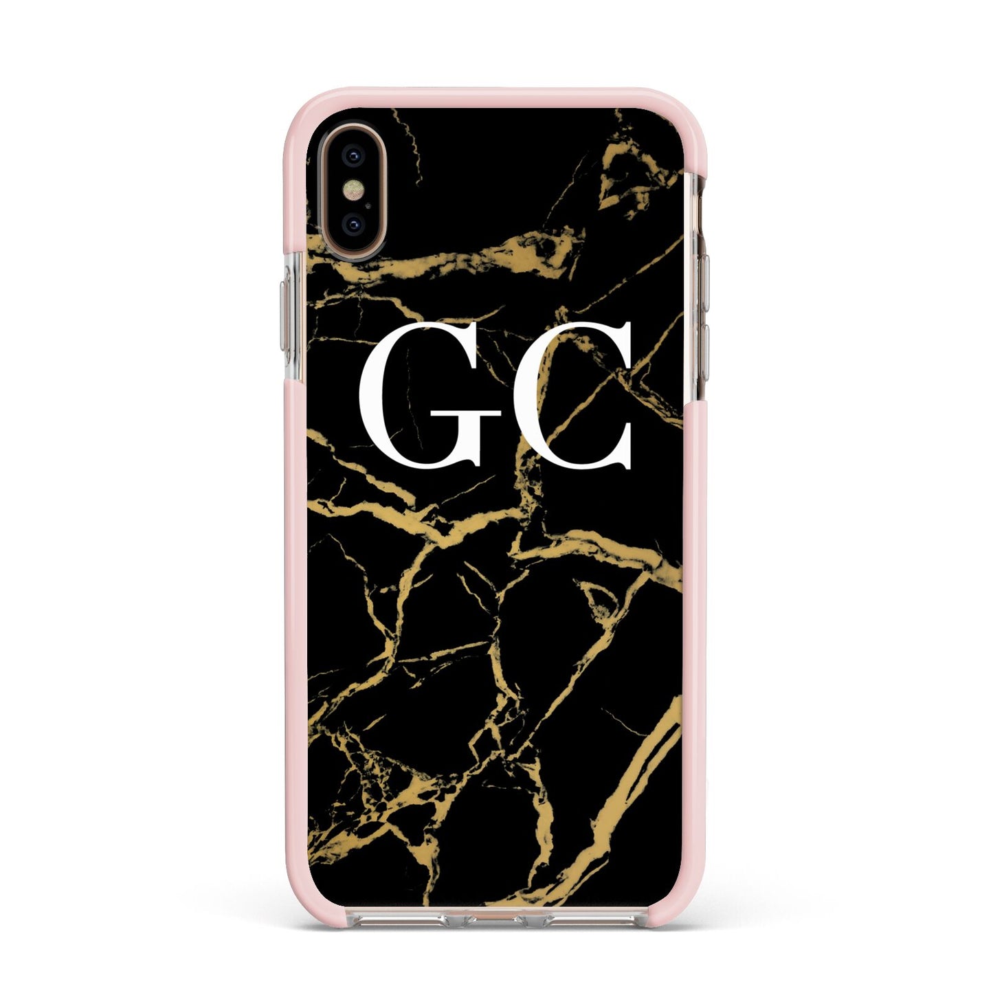 Personalised Gold Black Marble Monogram Apple iPhone Xs Max Impact Case Pink Edge on Gold Phone