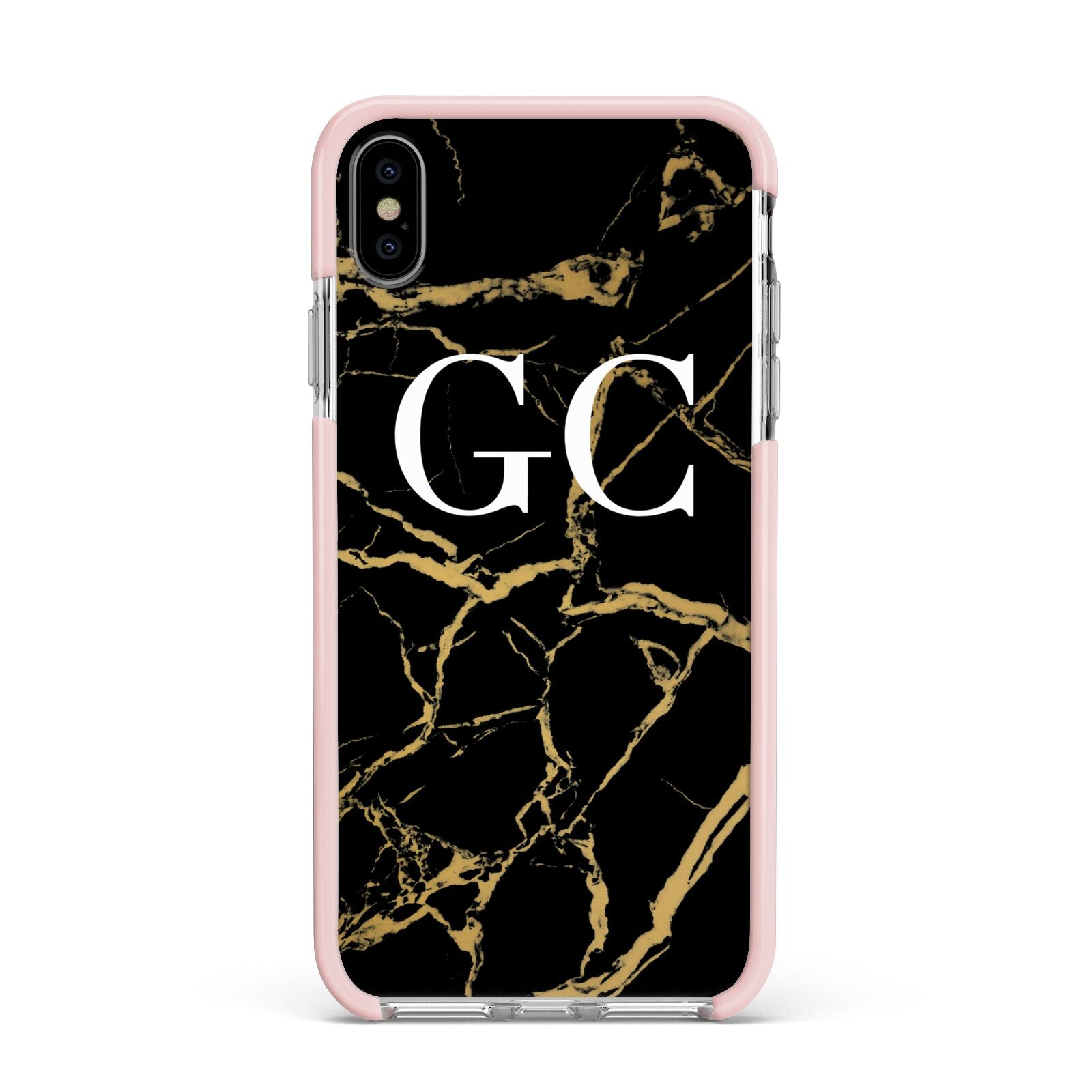 Personalised Gold Black Marble Monogram Apple iPhone Xs Max Impact Case Pink Edge on Silver Phone