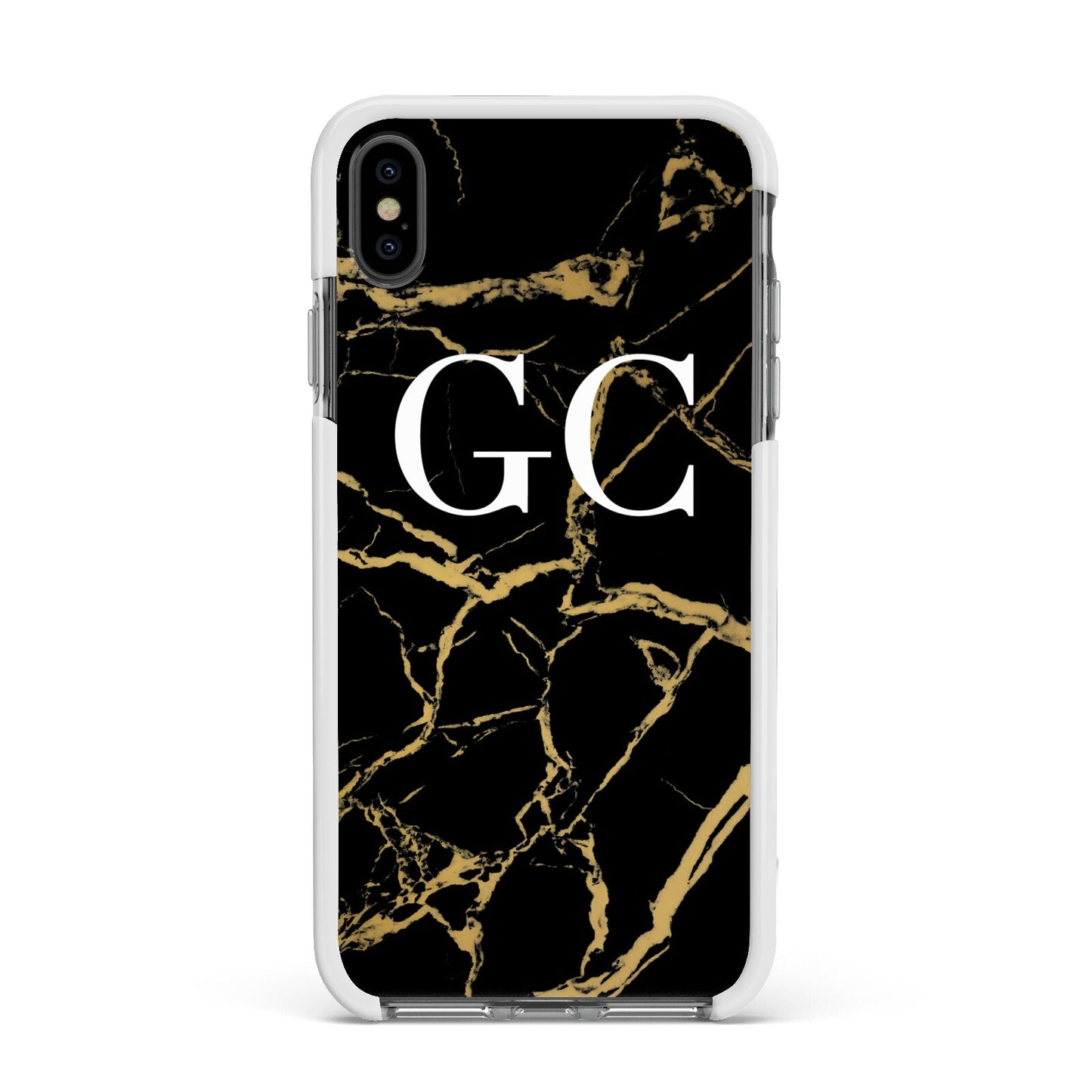 Personalised Gold Black Marble Monogram Apple iPhone Xs Max Impact Case White Edge on Black Phone