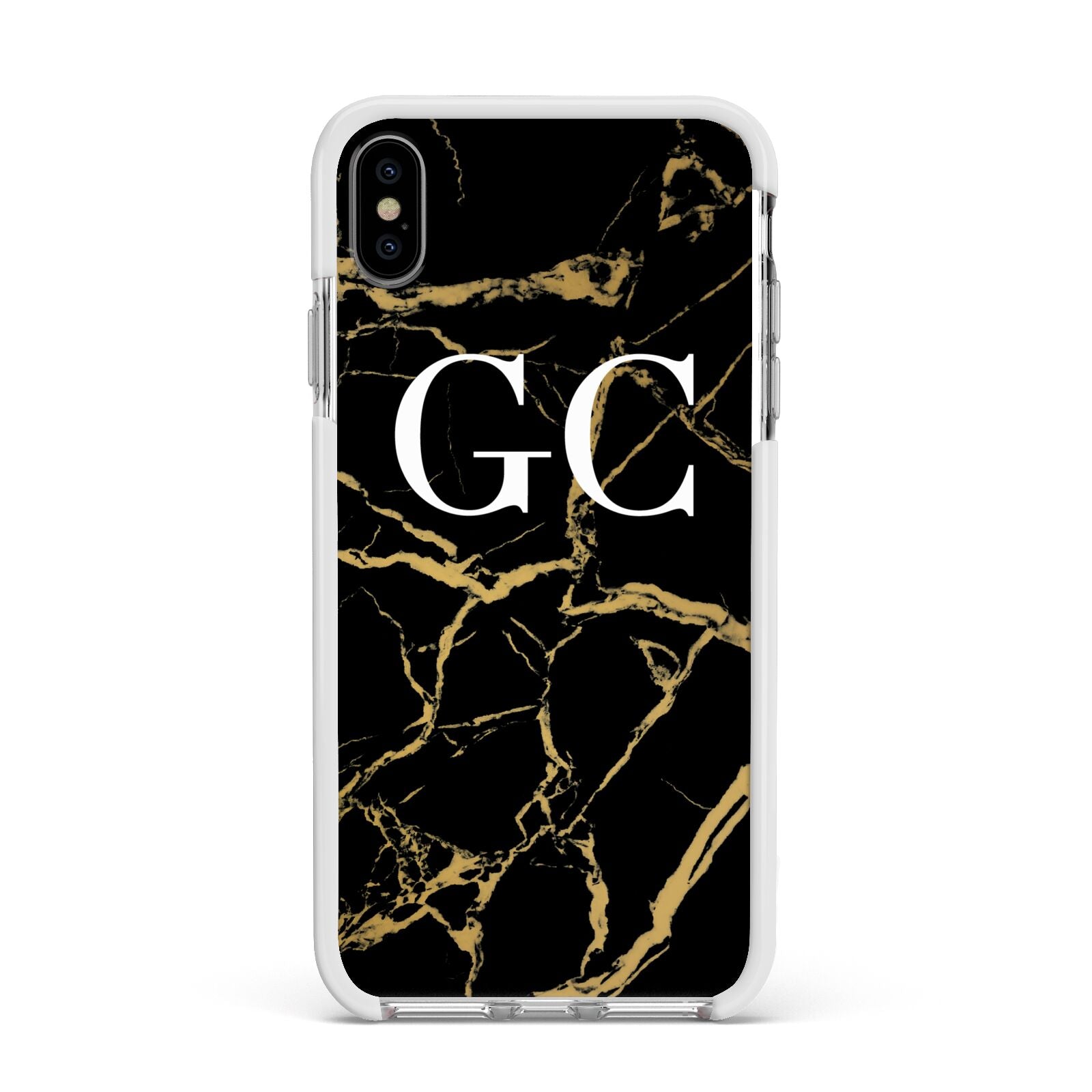 Personalised Gold Black Marble Monogram Apple iPhone Xs Max Impact Case White Edge on Silver Phone