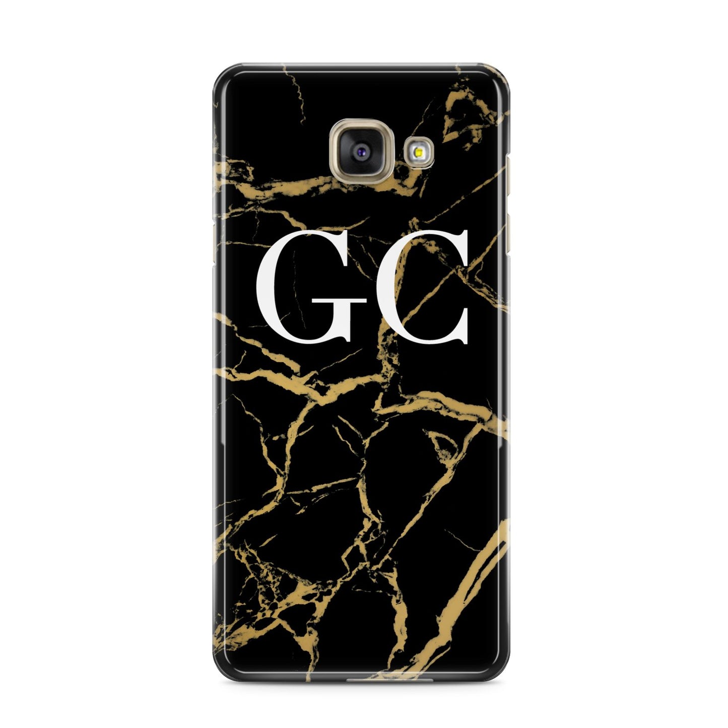 Personalised Gold Black Marble Monogram Samsung Galaxy A3 2016 Case on gold phone