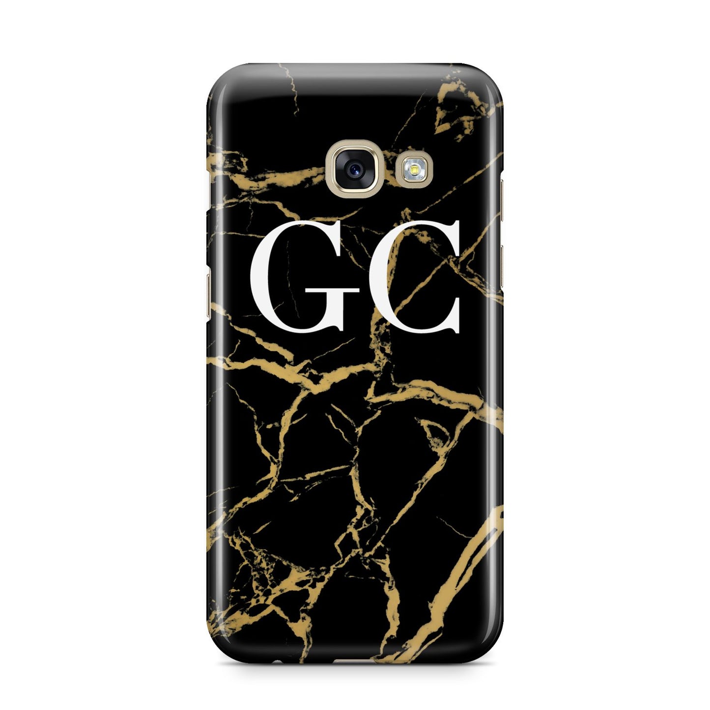Personalised Gold Black Marble Monogram Samsung Galaxy A3 2017 Case on gold phone