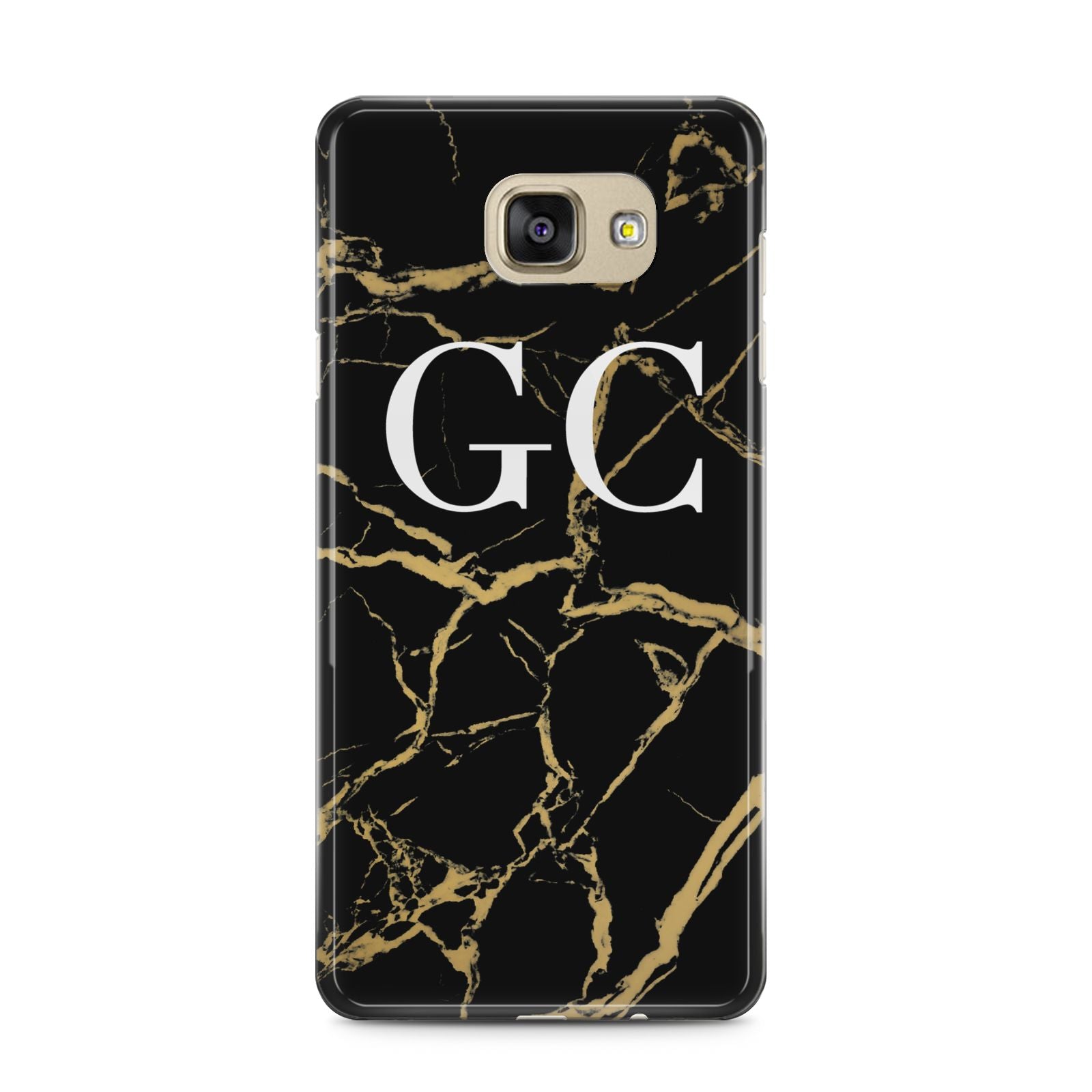 Personalised Gold Black Marble Monogram Samsung Galaxy A5 2016 Case on gold phone