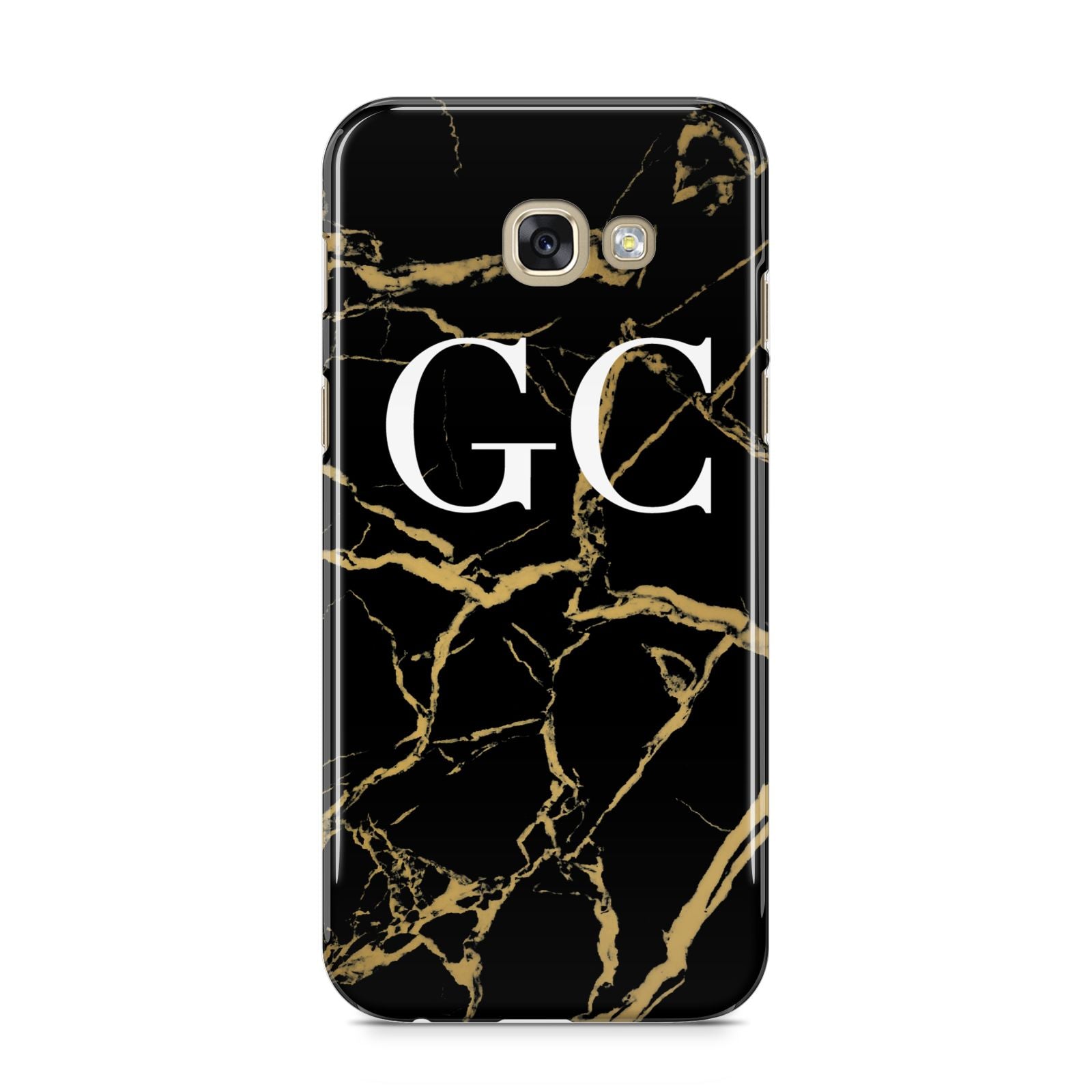 Personalised Gold Black Marble Monogram Samsung Galaxy A5 2017 Case on gold phone