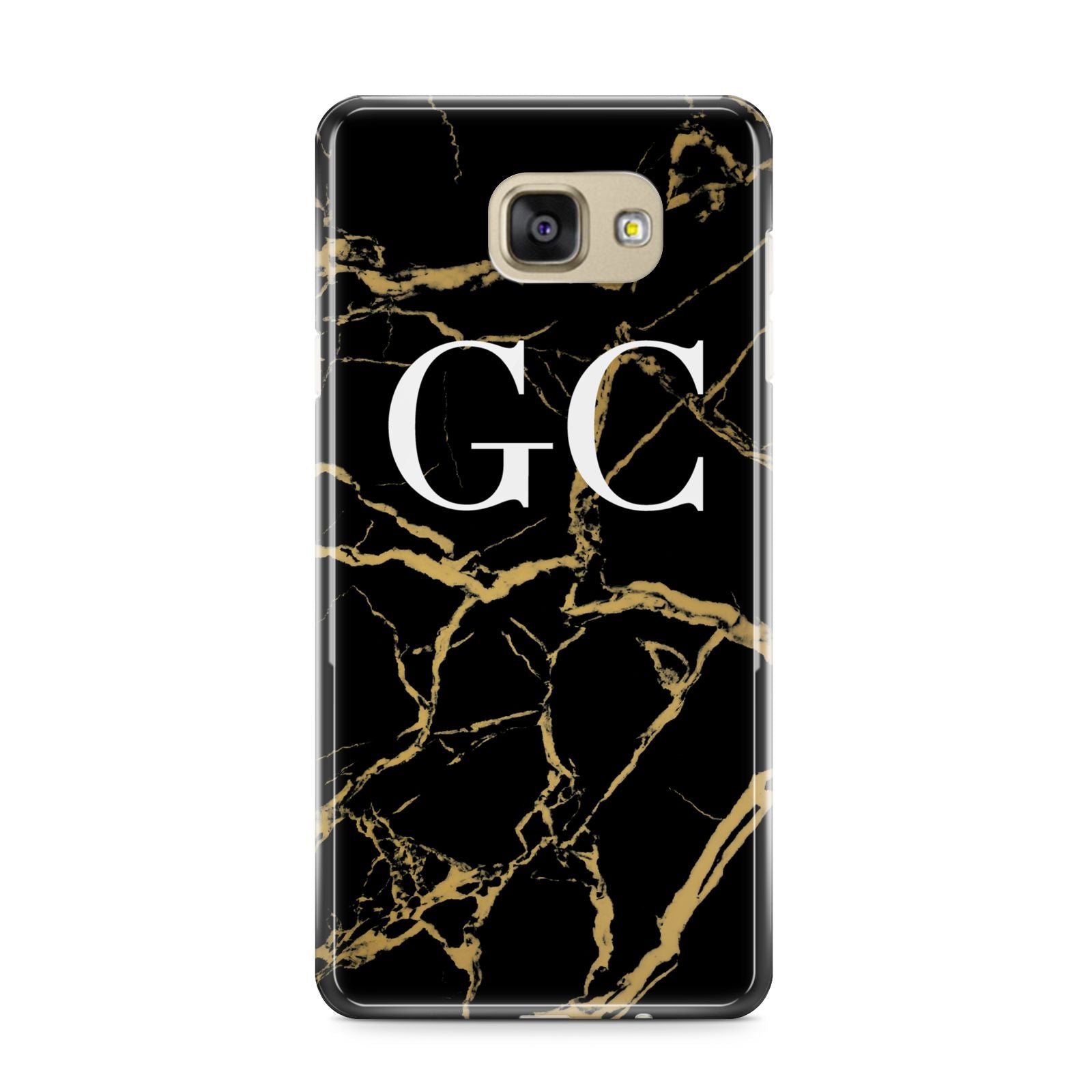 Personalised Gold Black Marble Monogram Samsung Galaxy A9 2016 Case on gold phone
