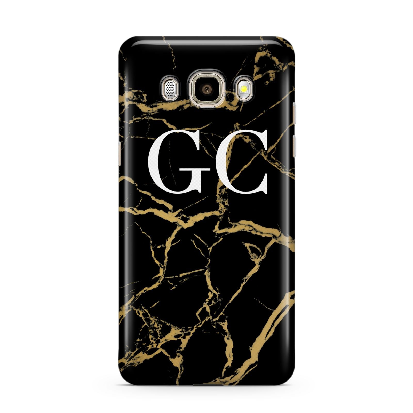 Personalised Gold Black Marble Monogram Samsung Galaxy J7 2016 Case on gold phone