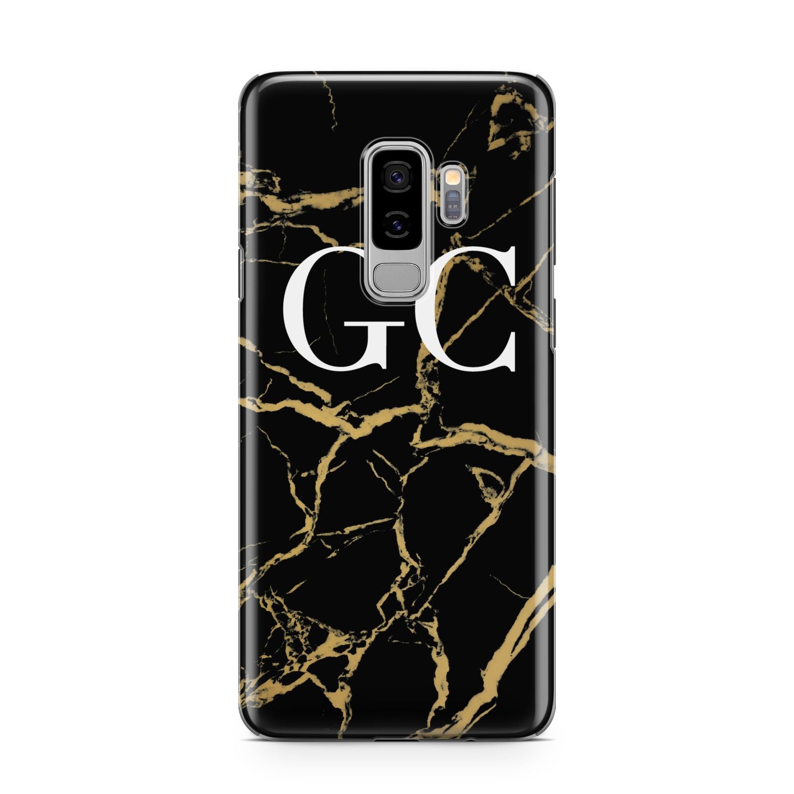Personalised Gold Black Marble Monogram Samsung Galaxy S9 Plus Case on Silver phone