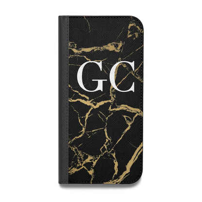 Personalised Gold Black Marble Monogram Vegan Leather Flip Samsung Case
