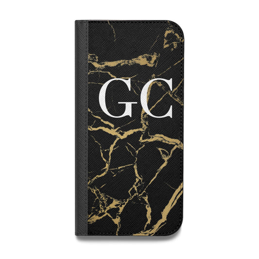Personalised Gold Black Marble Monogram Vegan Leather Flip iPhone Case