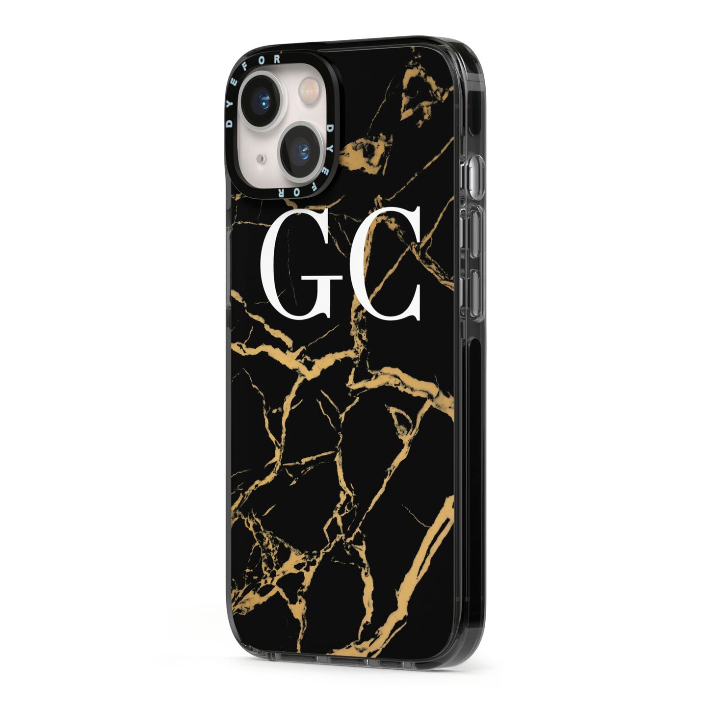 Personalised Gold Black Marble Monogram iPhone 13 Black Impact Case Side Angle on Silver phone