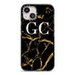 Personalised Gold Black Marble Monogram iPhone 13 Black Impact Case on Silver phone