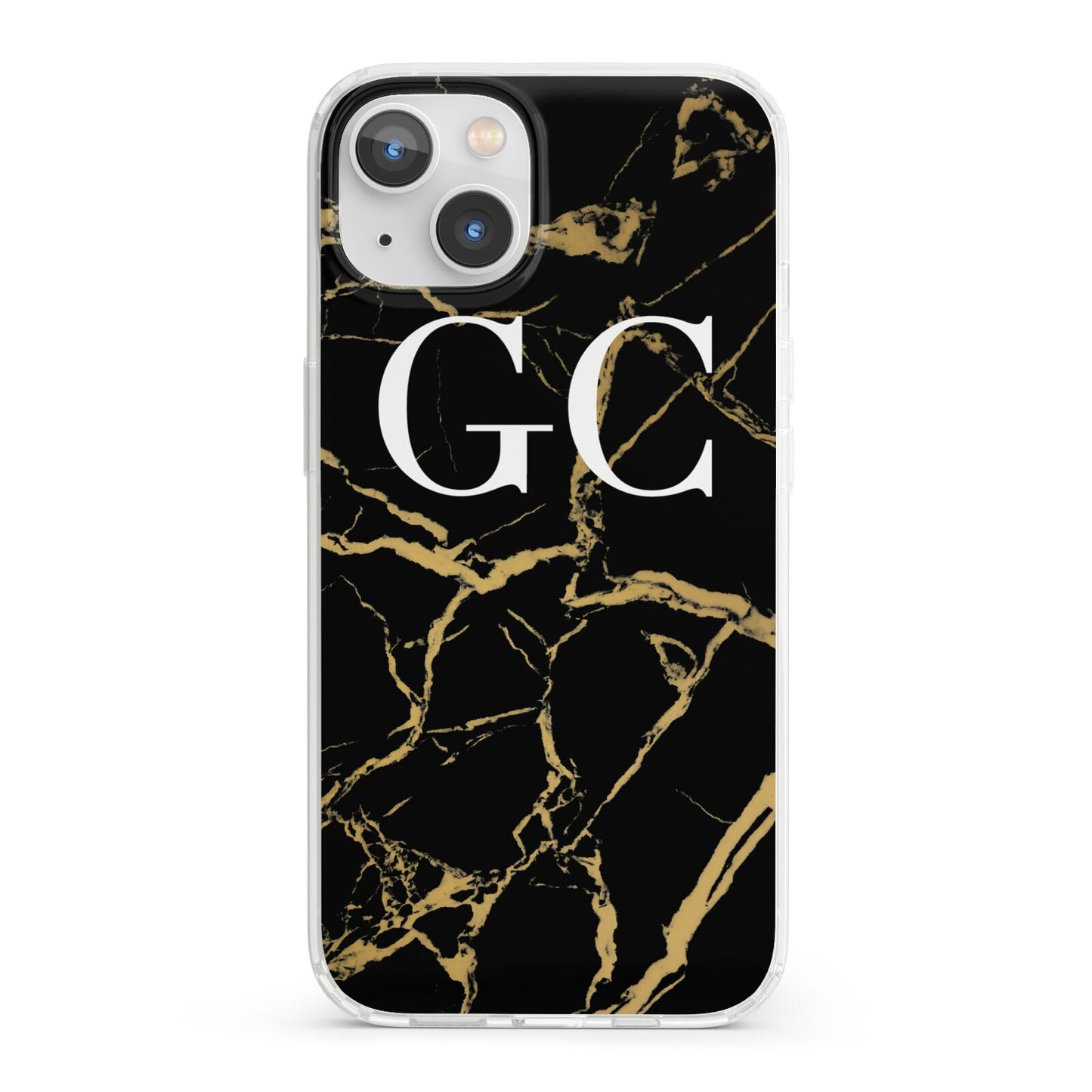 Personalised Gold Black Marble Monogram iPhone 13 Clear Bumper Case