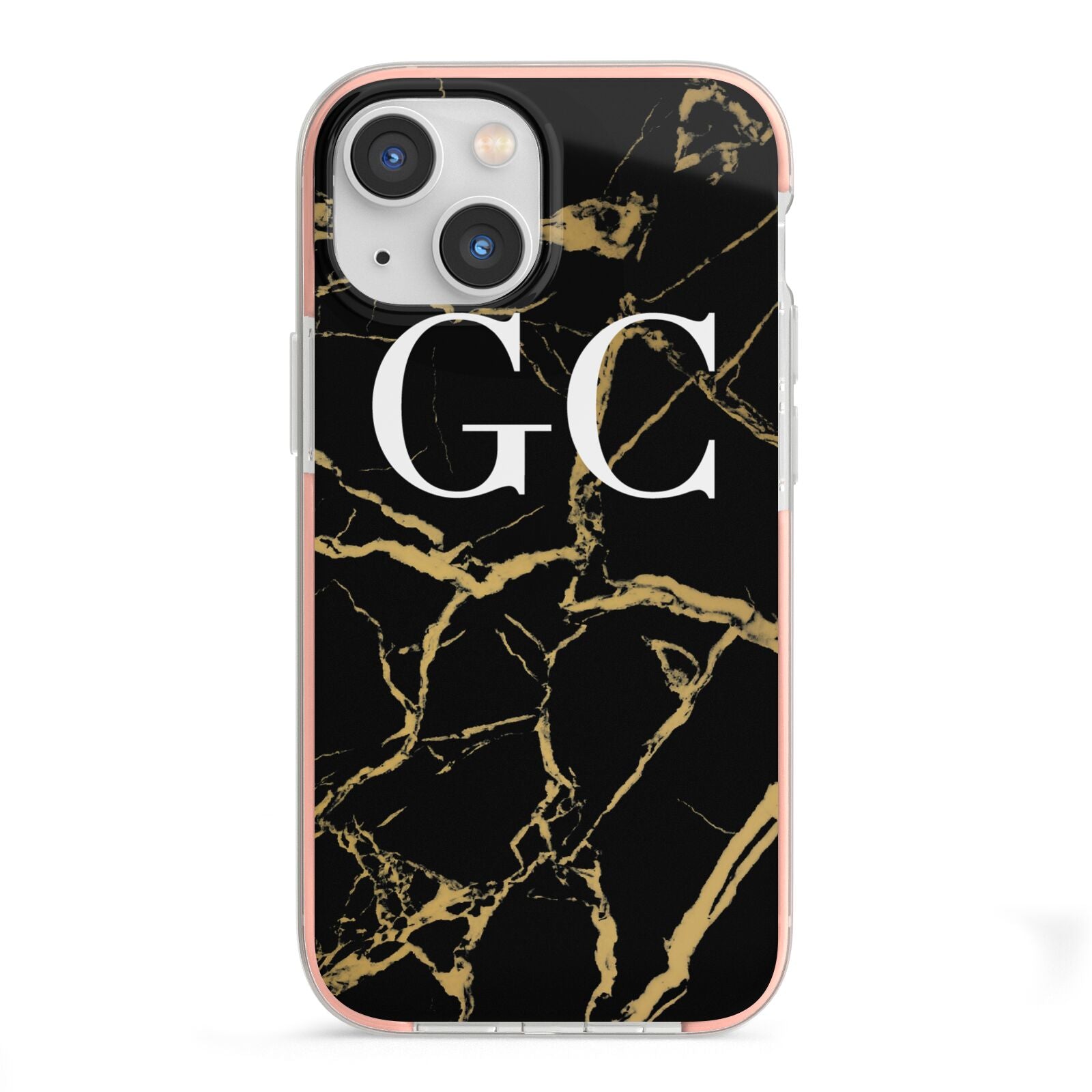 Personalised Gold Black Marble Monogram iPhone 13 Mini TPU Impact Case with Pink Edges