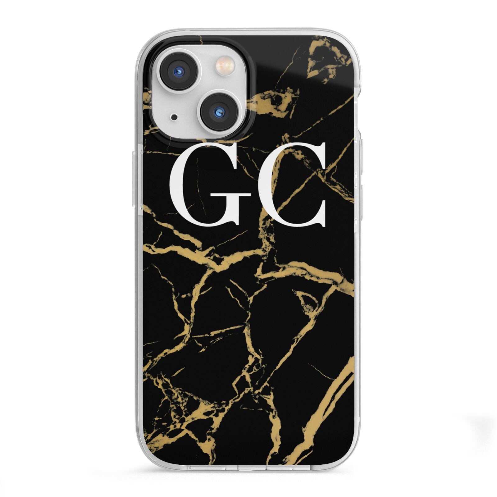 Personalised Gold Black Marble Monogram iPhone 13 Mini TPU Impact Case with White Edges