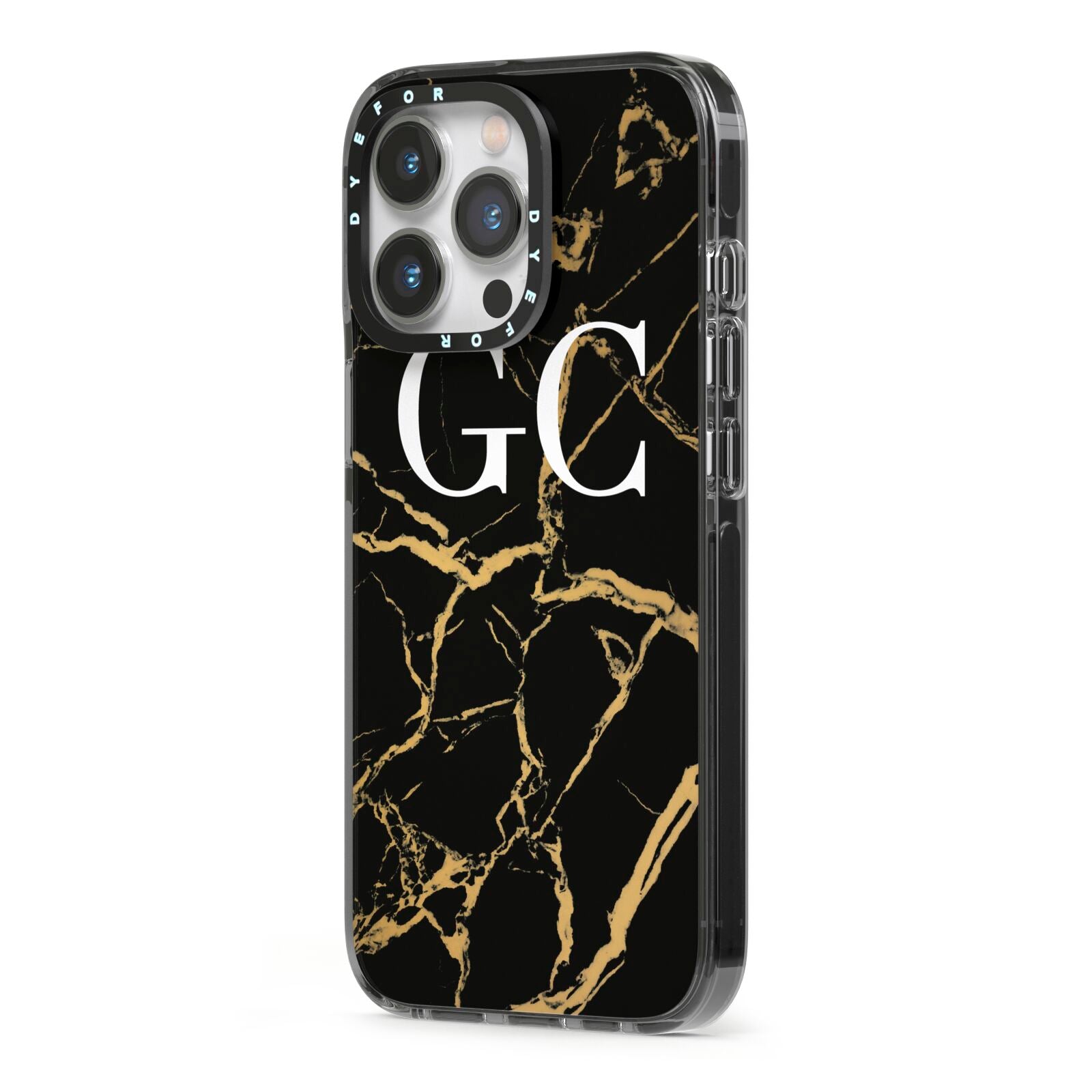 Personalised Gold Black Marble Monogram iPhone 13 Pro Black Impact Case Side Angle on Silver phone
