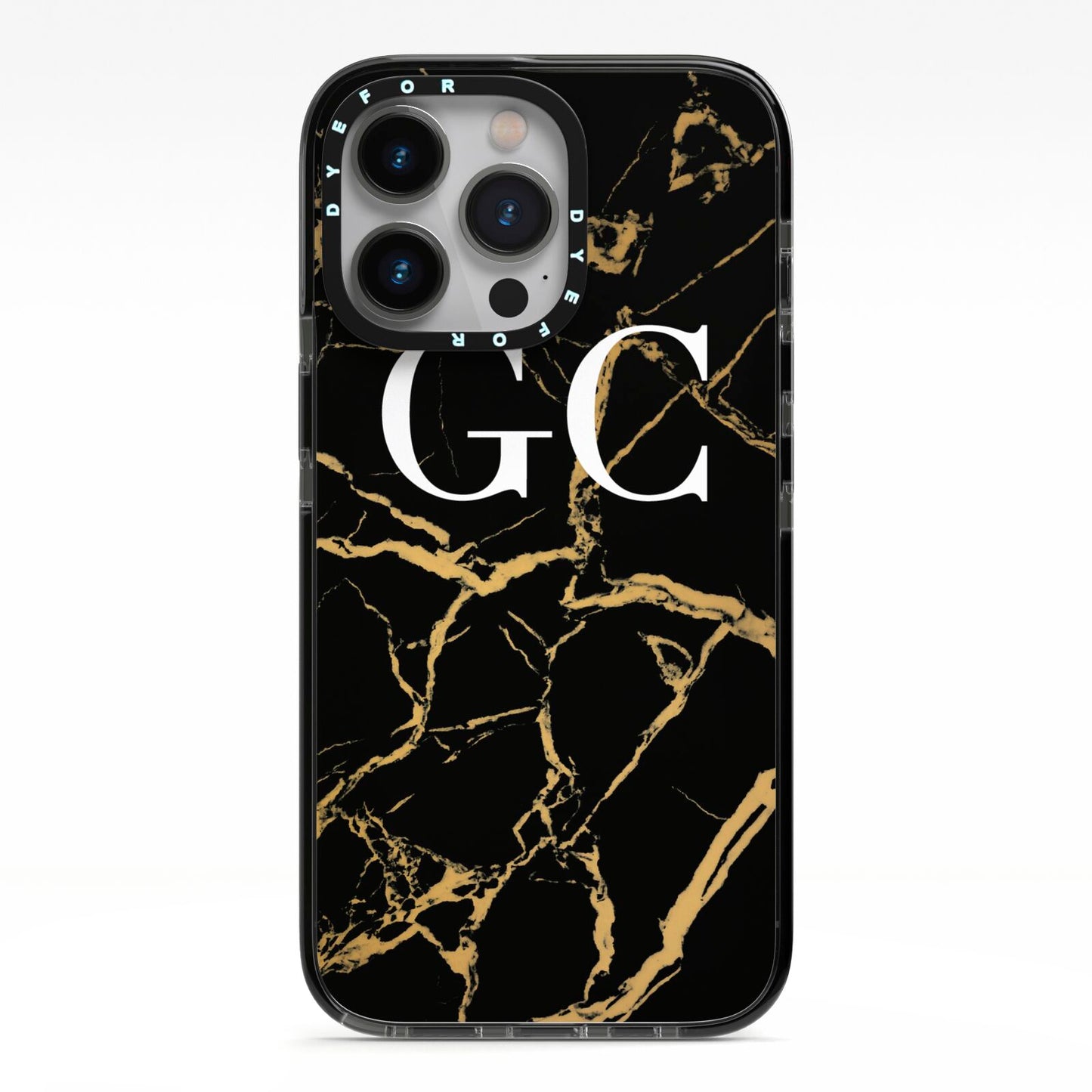 Personalised Gold Black Marble Monogram iPhone 13 Pro Black Impact Case on Silver phone