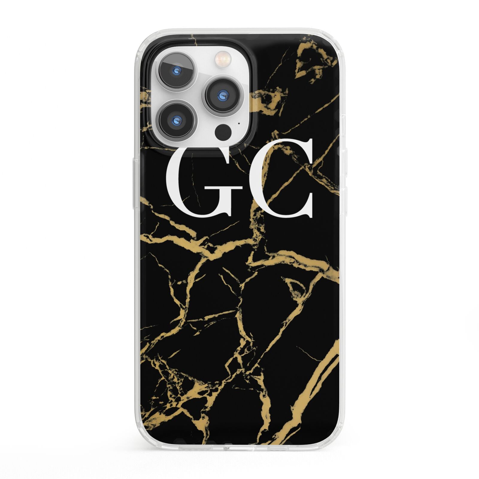 Personalised Gold Black Marble Monogram iPhone 13 Pro Clear Bumper Case