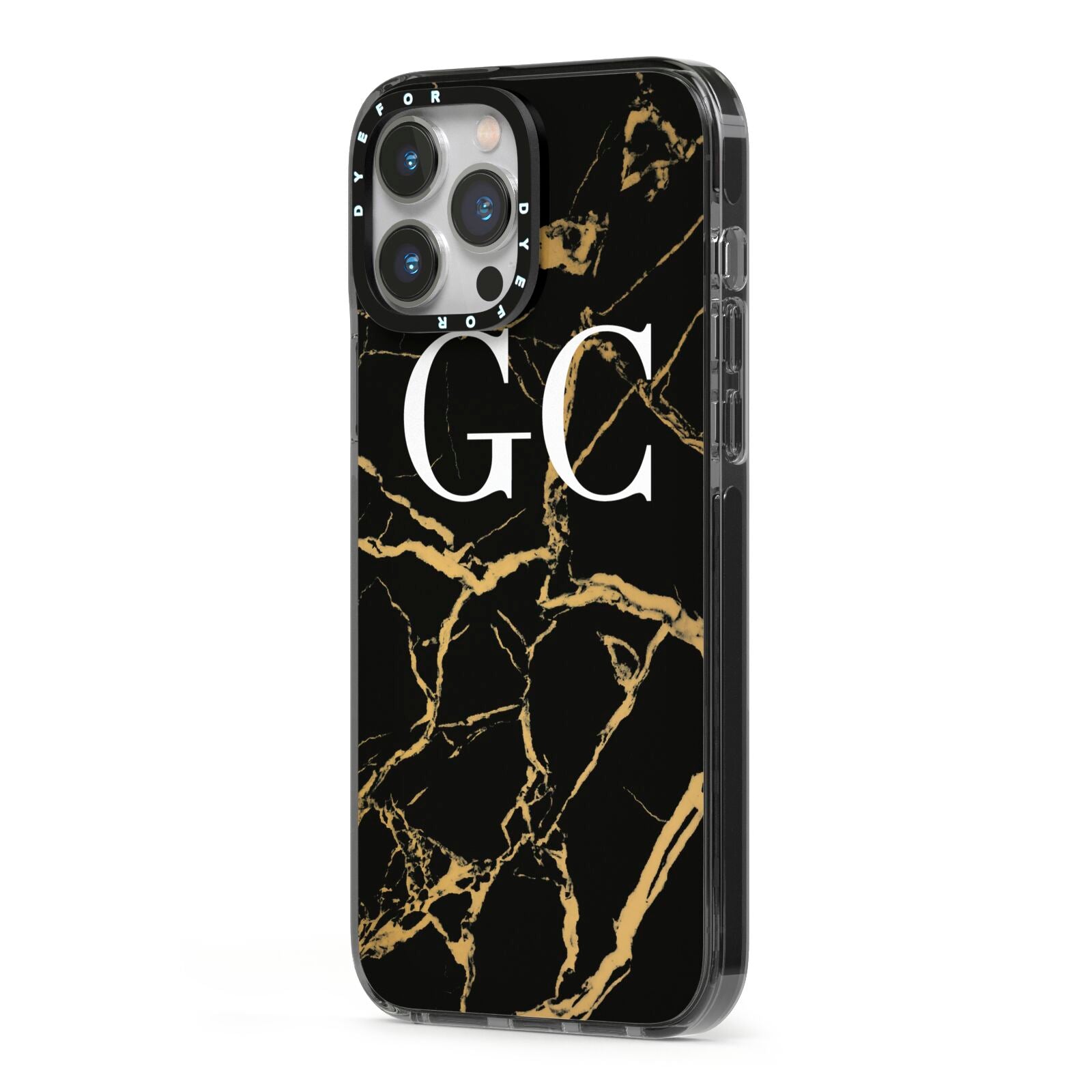 Personalised Gold Black Marble Monogram iPhone 13 Pro Max Black Impact Case Side Angle on Silver phone