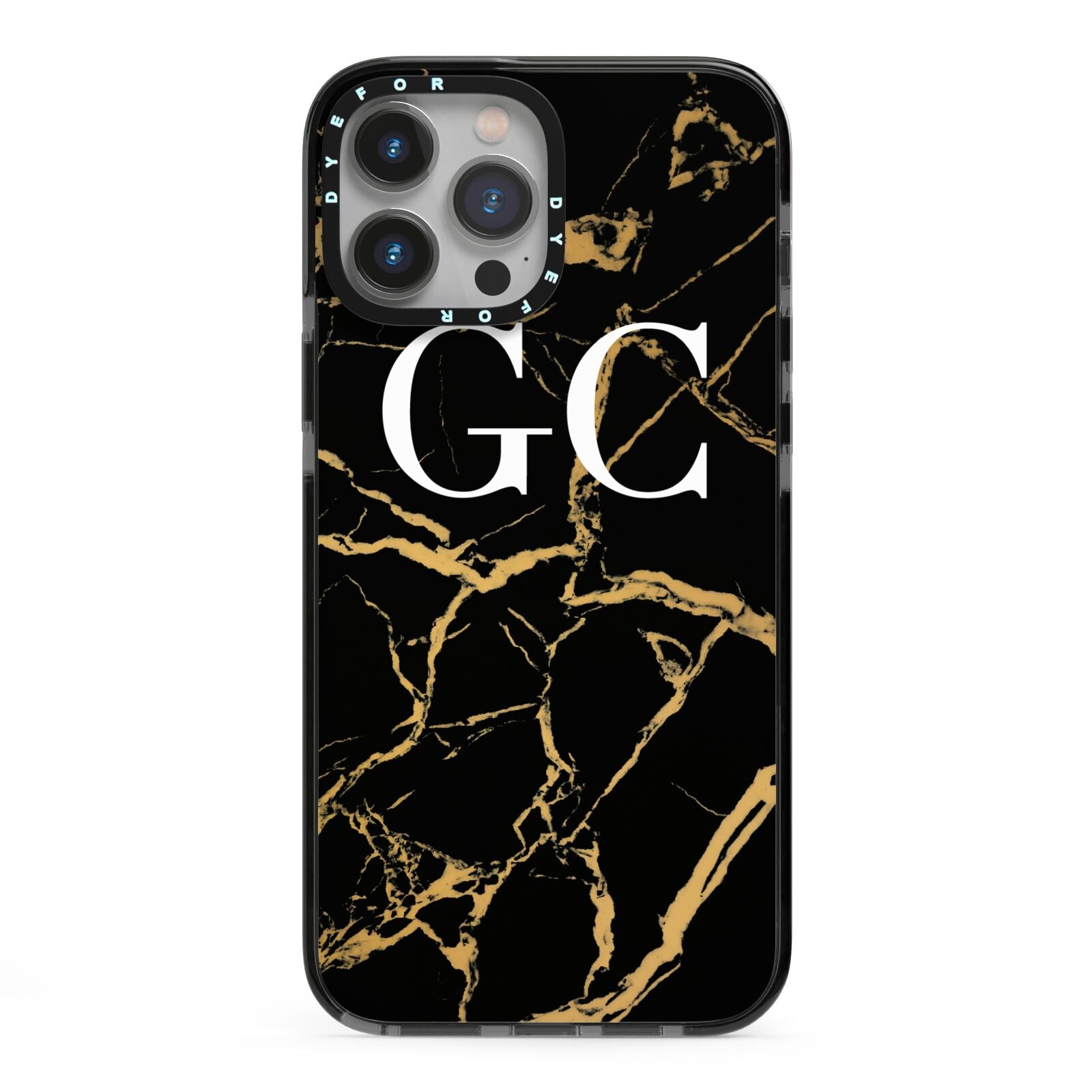 Personalised Gold Black Marble Monogram iPhone 13 Pro Max Black Impact Case on Silver phone