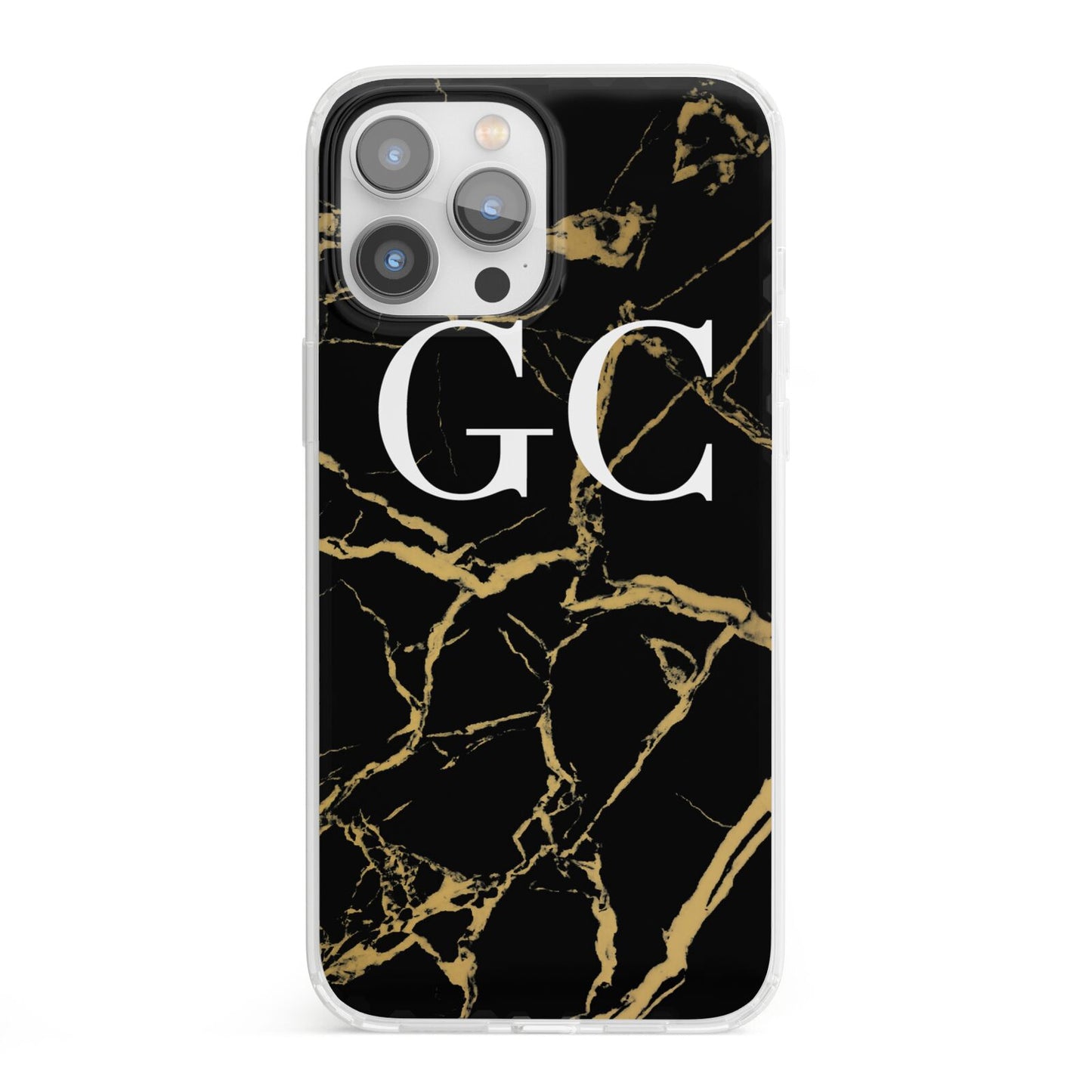 Personalised Gold Black Marble Monogram iPhone 13 Pro Max Clear Bumper Case
