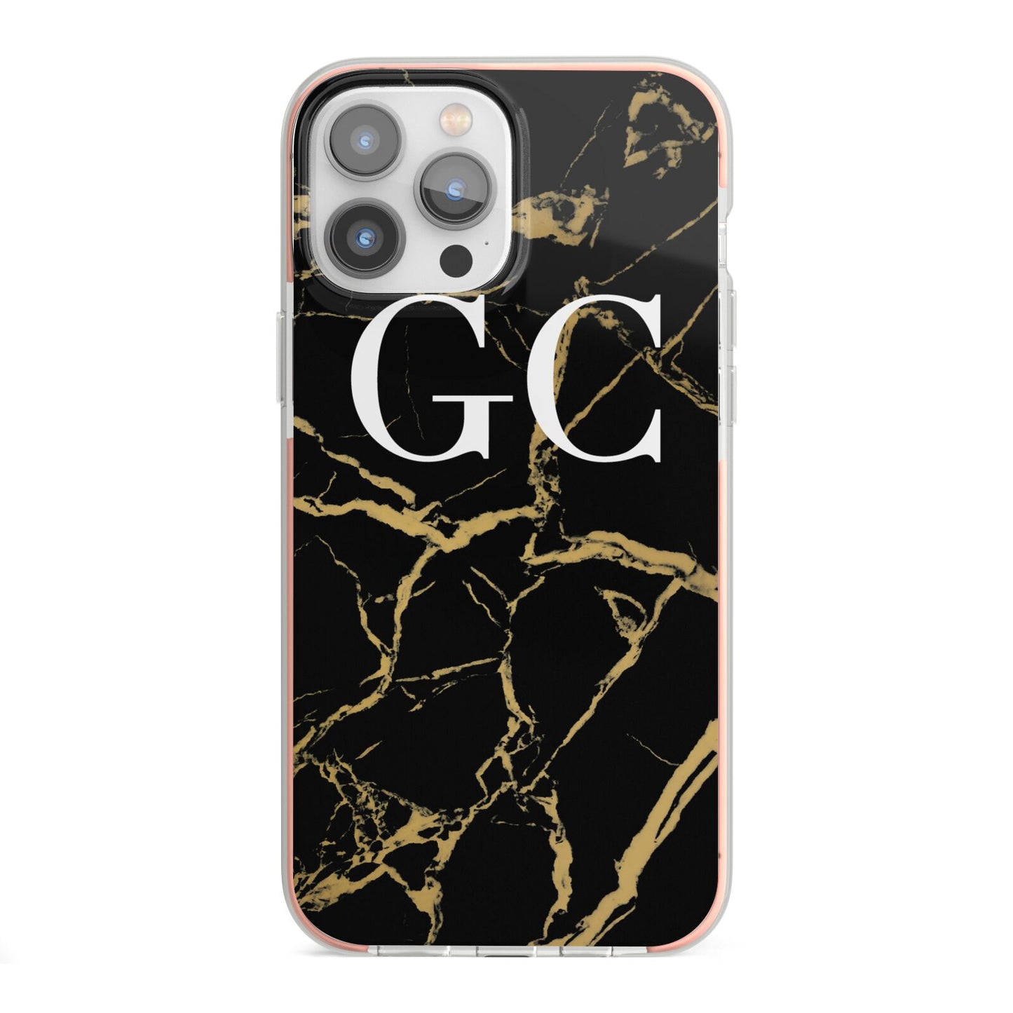 Personalised Gold Black Marble Monogram iPhone 13 Pro Max TPU Impact Case with Pink Edges