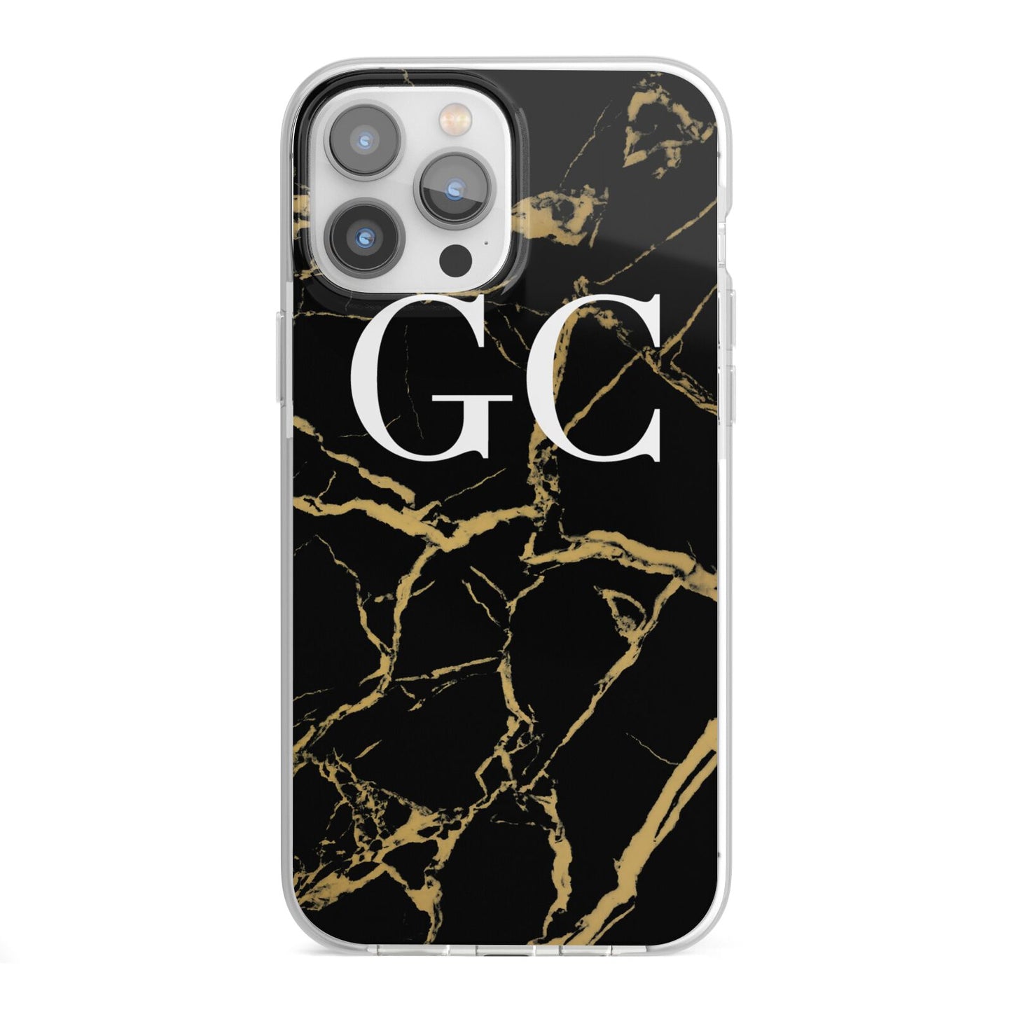 Personalised Gold Black Marble Monogram iPhone 13 Pro Max TPU Impact Case with White Edges