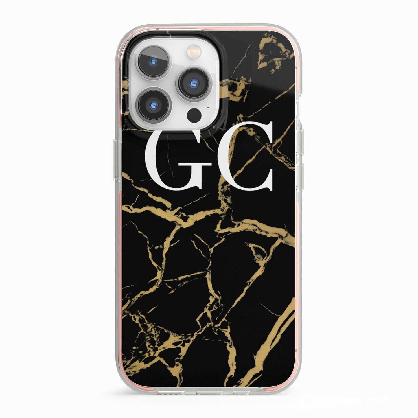 Personalised Gold Black Marble Monogram iPhone 13 Pro TPU Impact Case with Pink Edges