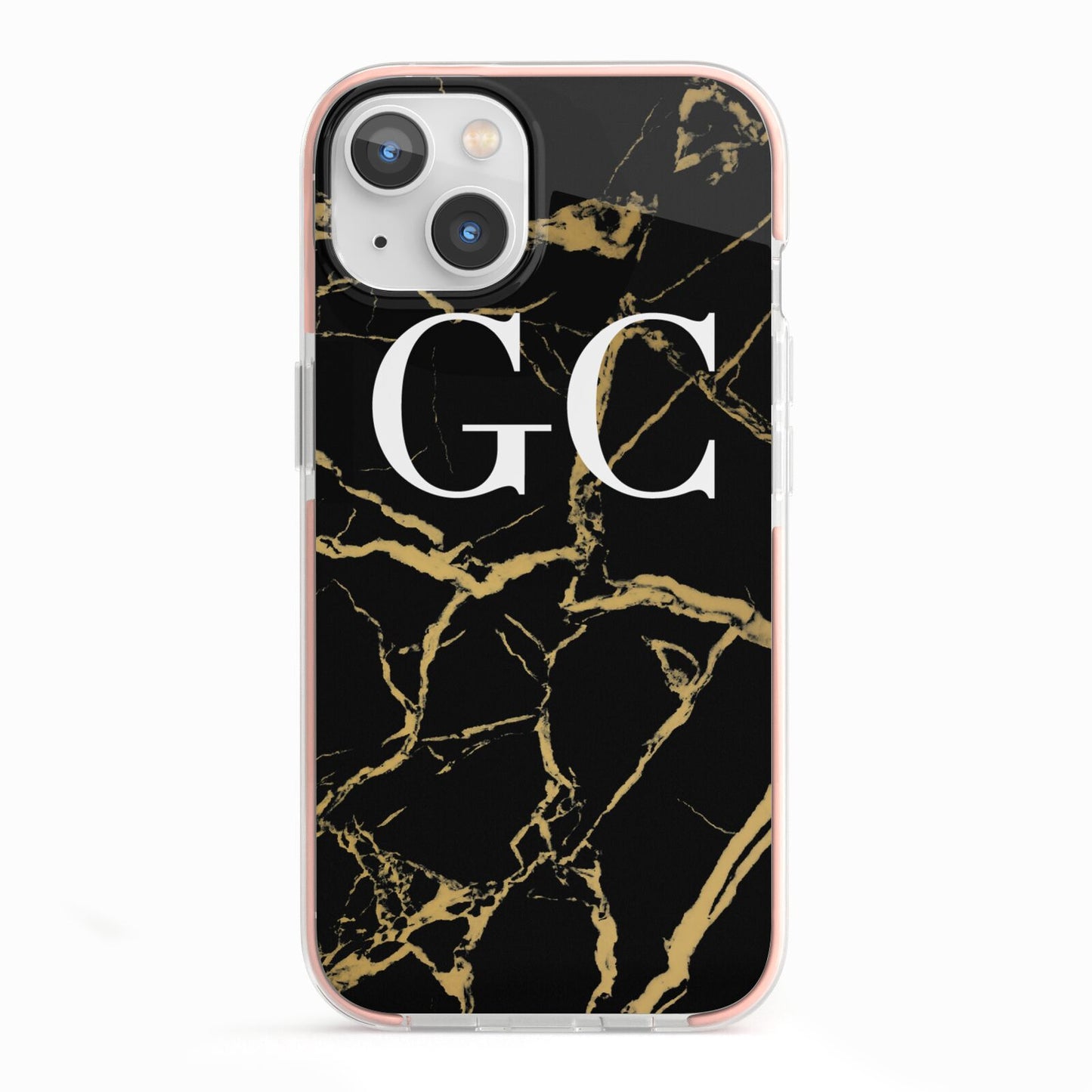 Personalised Gold Black Marble Monogram iPhone 13 TPU Impact Case with Pink Edges