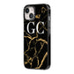 Personalised Gold Black Marble Monogram iPhone 14 Black Impact Case Side Angle on Silver phone