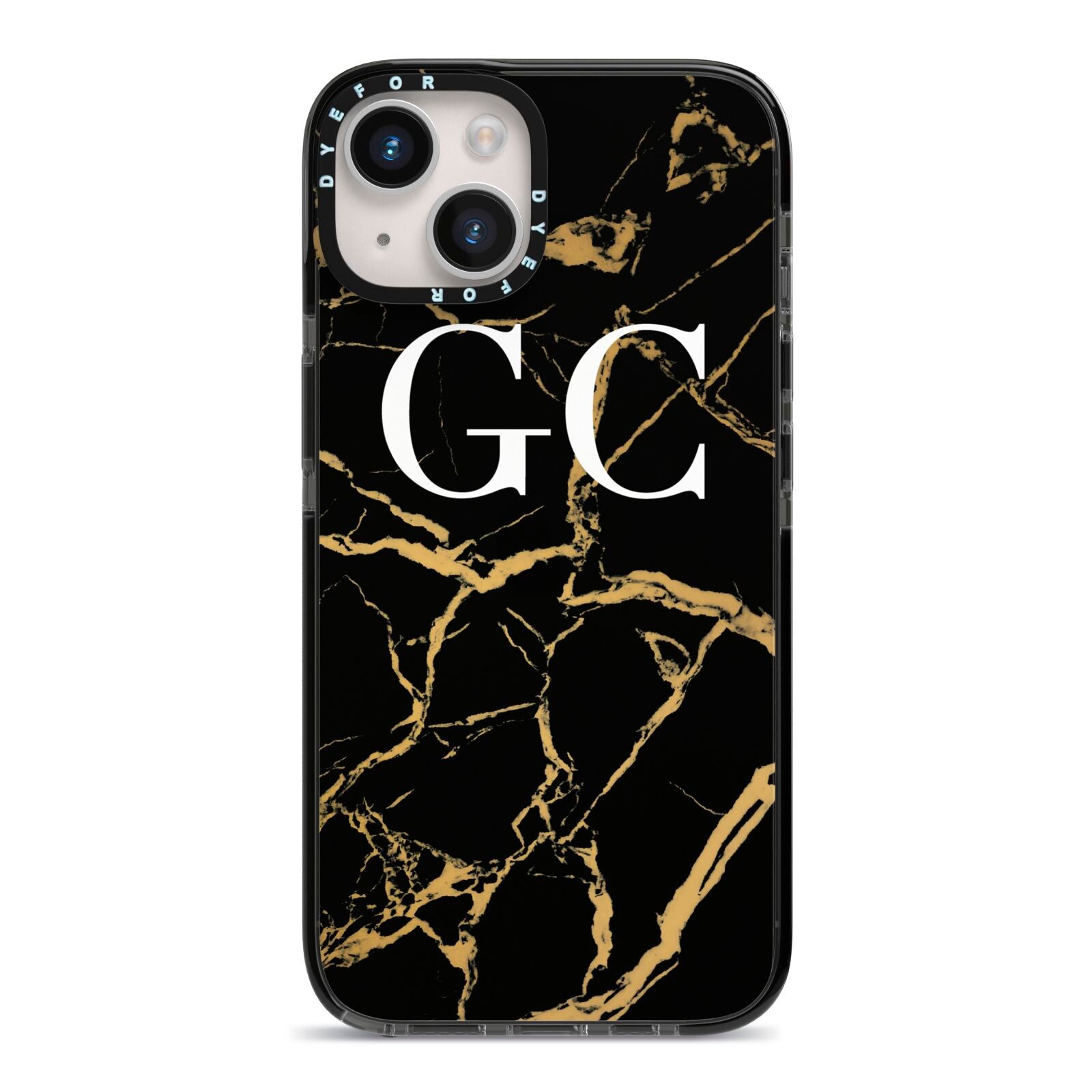 Personalised Gold Black Marble Monogram iPhone 14 Black Impact Case on Silver phone