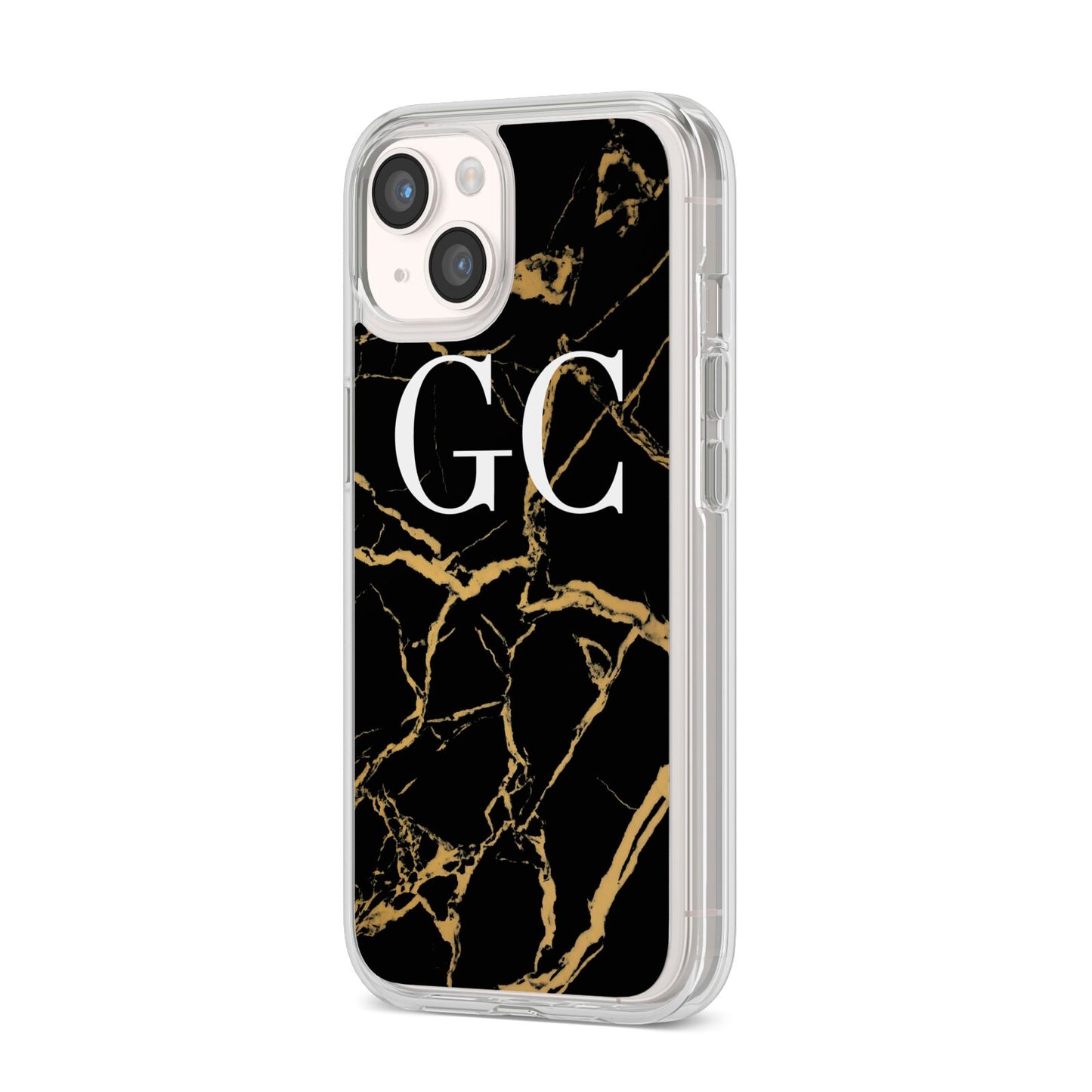 Personalised Gold Black Marble Monogram iPhone 14 Clear Tough Case Starlight Angled Image