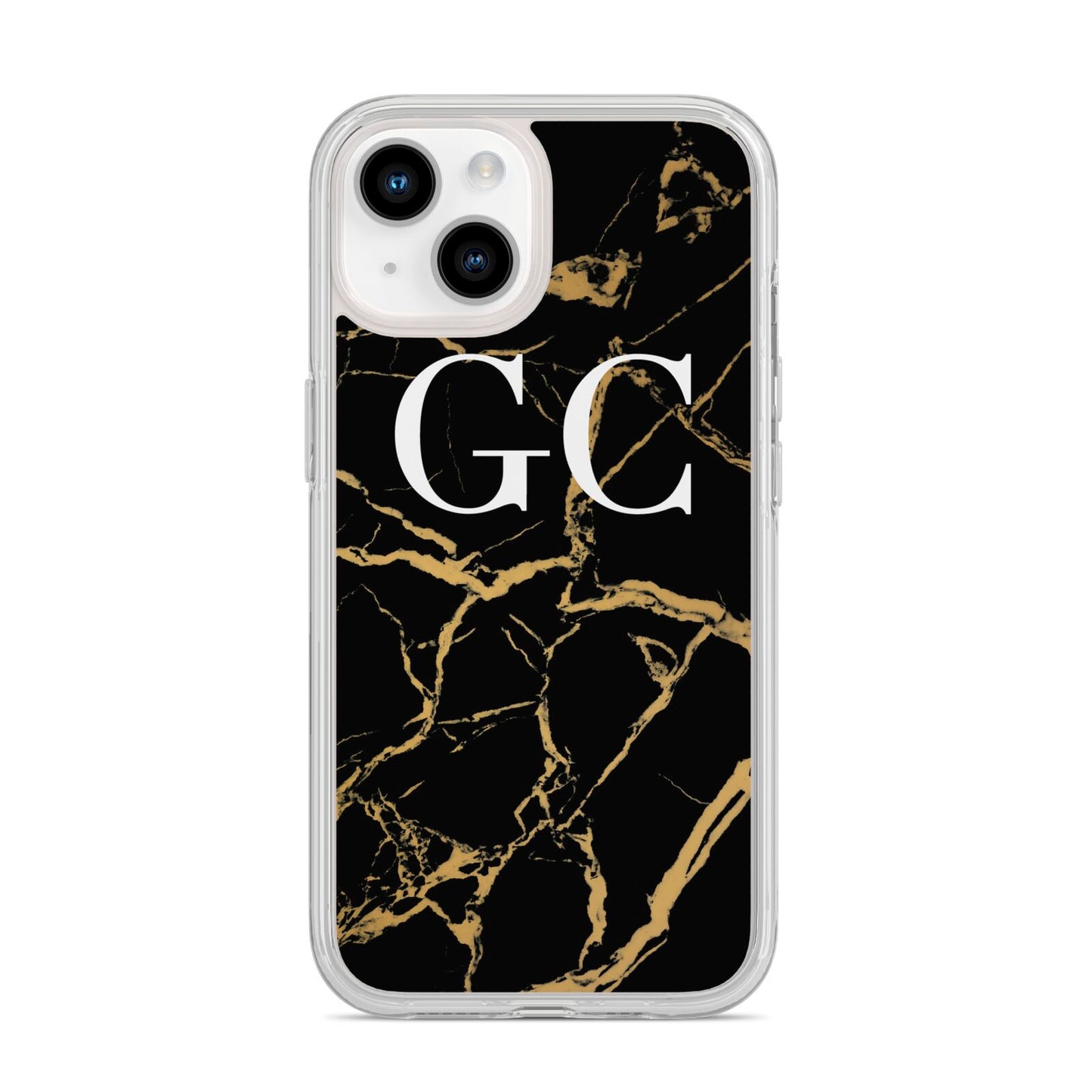 Personalised Gold Black Marble Monogram iPhone 14 Clear Tough Case Starlight