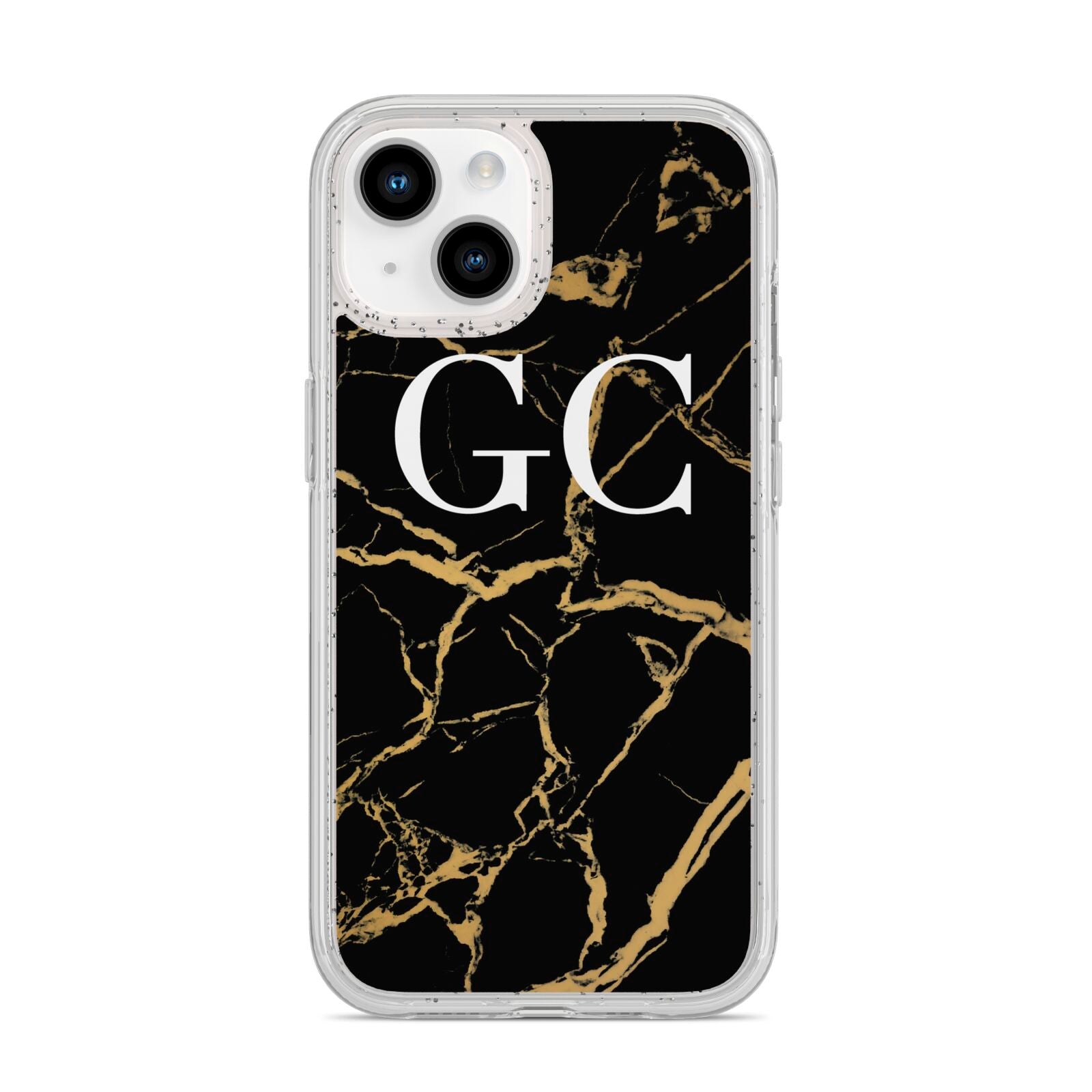 Personalised Gold Black Marble Monogram iPhone 14 Glitter Tough Case Starlight