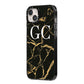 Personalised Gold Black Marble Monogram iPhone 14 Plus Black Impact Case Side Angle on Silver phone