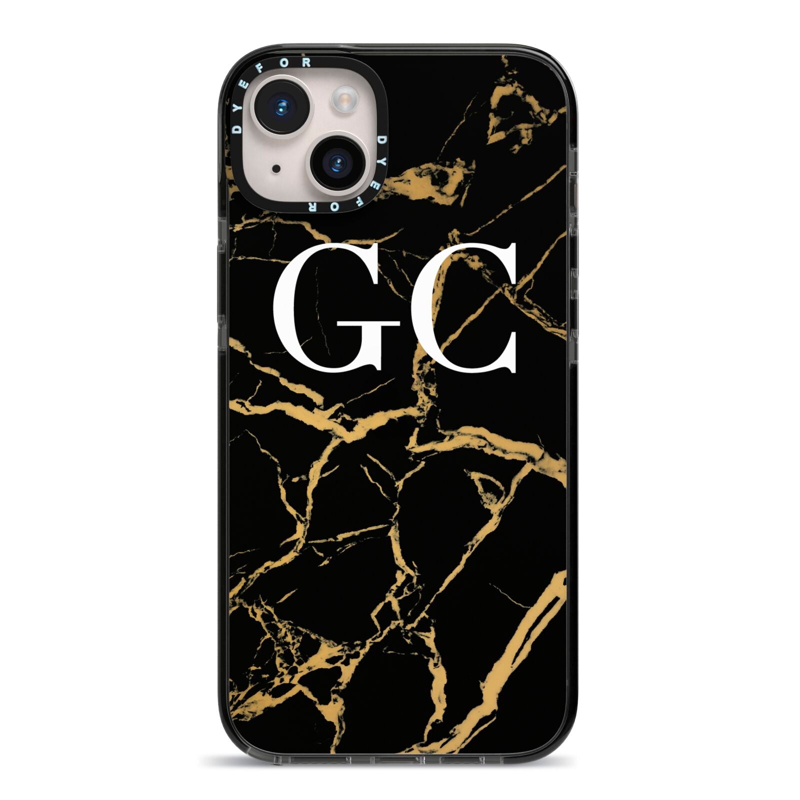 Personalised Gold Black Marble Monogram iPhone 14 Plus Black Impact Case on Silver phone