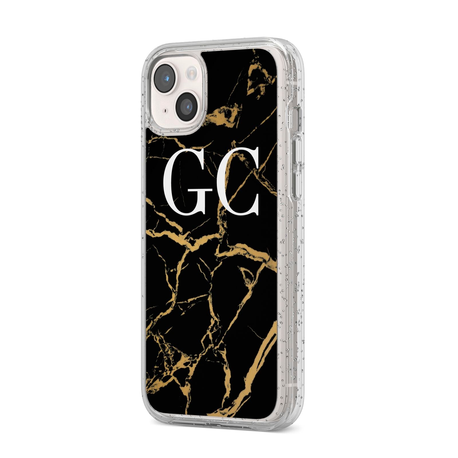 Personalised Gold Black Marble Monogram iPhone 14 Plus Glitter Tough Case Starlight Angled Image