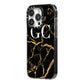 Personalised Gold Black Marble Monogram iPhone 14 Pro Black Impact Case Side Angle on Silver phone